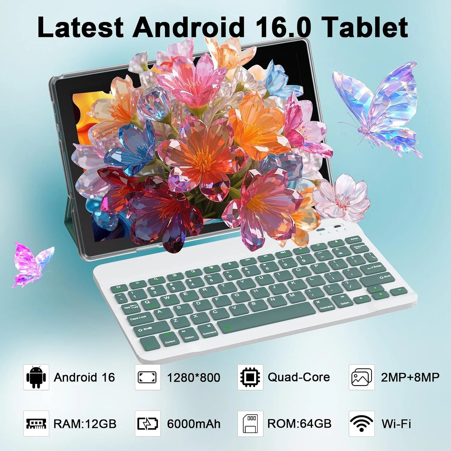 Tablet Android 16 10 Inch 12GB RAM+64GB ROM/ 1TB Expandable, 1280 * 800 HD Touch Screen, 5G WiFi6 BT 5.0, 2 in 1 Tab with Keyboard Case Mouse Stylus(Navy Blue)