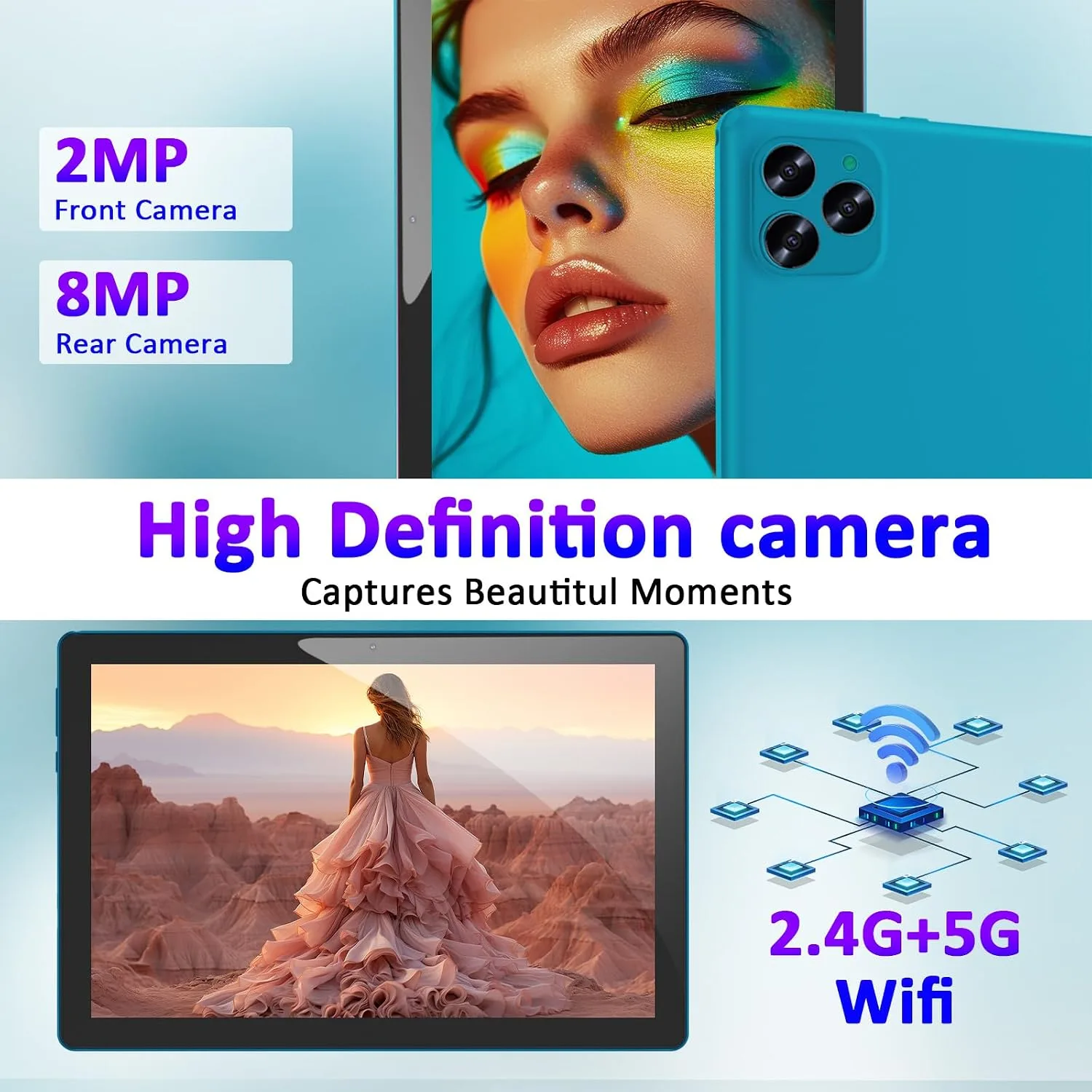 Tablet Android 16 10 Inch 12GB RAM+64GB ROM/ 1TB Expandable, 1280 * 800 HD Touch Screen, 5G WiFi6 BT 5.0, 2 in 1 Tab with Keyboard Case Mouse Stylus(Navy Blue)