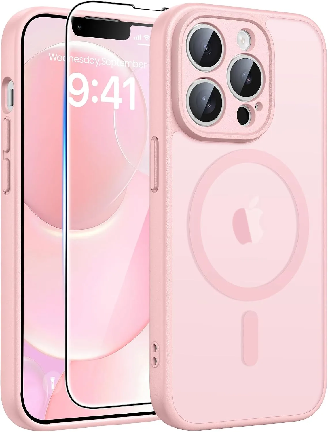 Carcasa Fntcase para iPhone 13 Pro con protector de pantalla y soporte MagSafe Rosa Claro