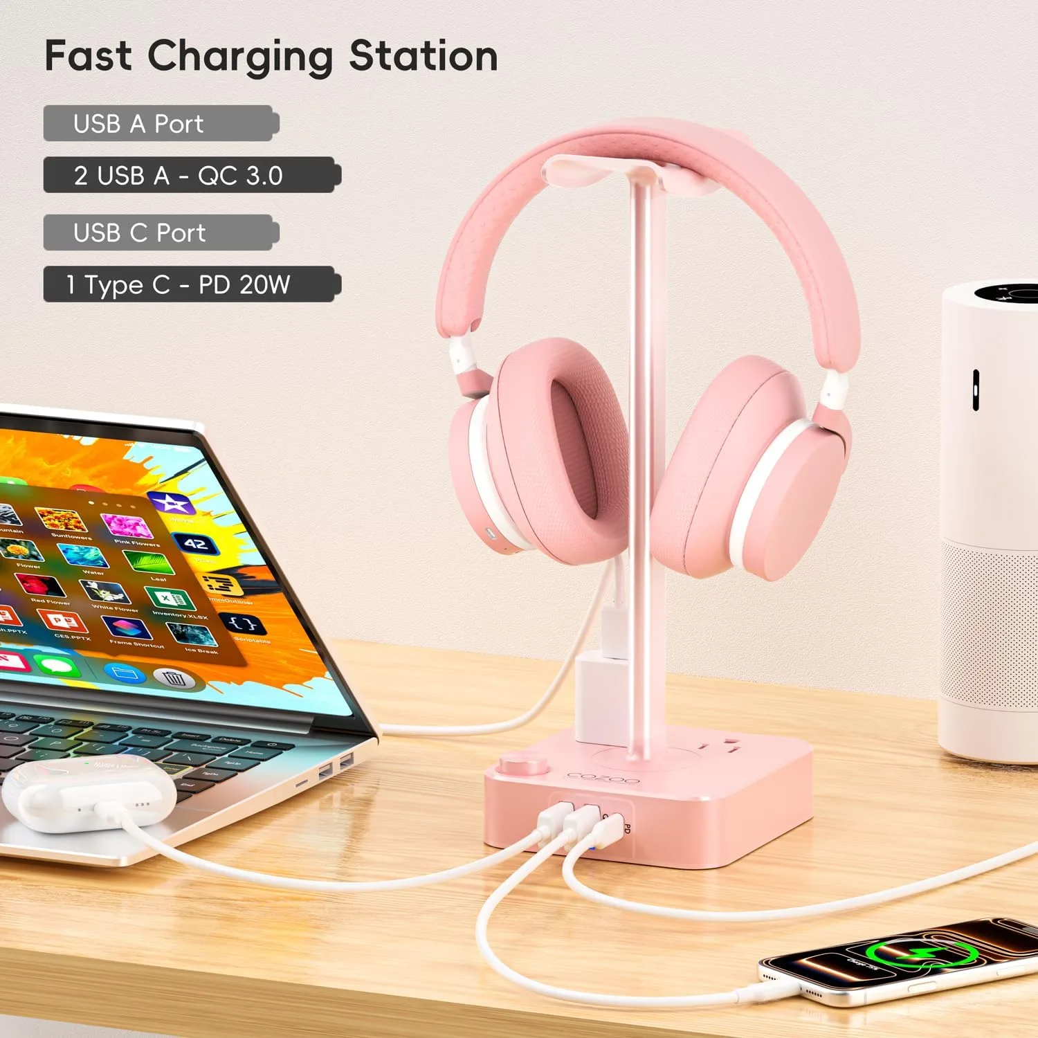 cozoo Headphone Stand with Charger, USB C, Gifts for Gamers Men, Pink