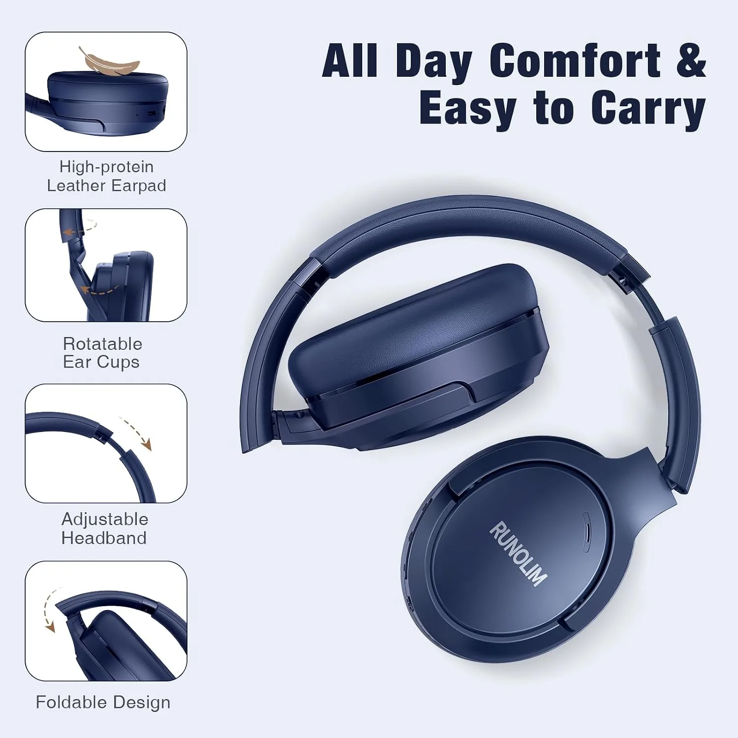 RUNOLIM Active Noise Cancelling Headphones, Wireless Bluetooth Over Ear (Blue)