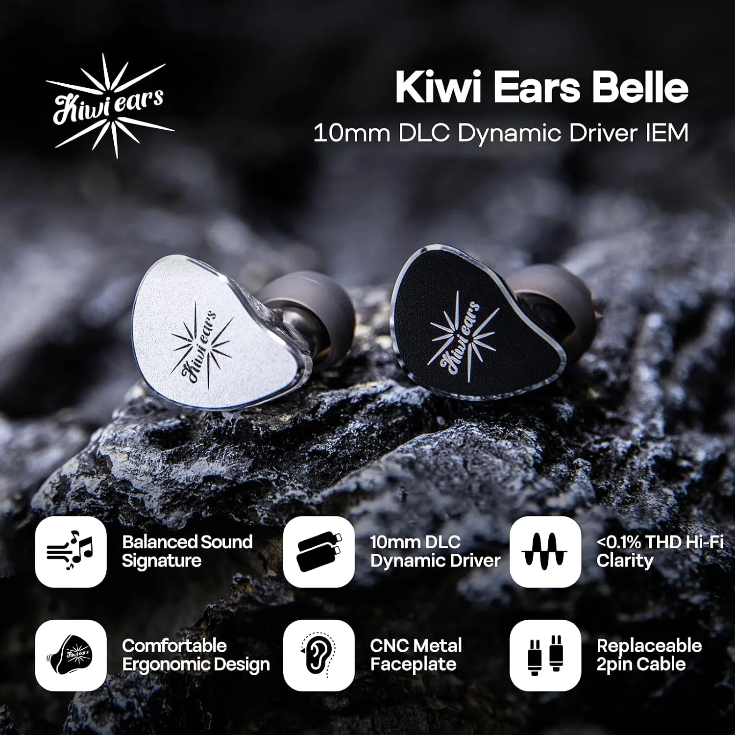 Linsoul Kiwi Ears Belle 10mm DLC Dynamic Driver in-Ear Monitor, HiFi Wired Earbuds with Silver-Plated Cables, Professional IEM for Stage Performance/Gaming/Music Production (3.5mm No MIC, Silver)