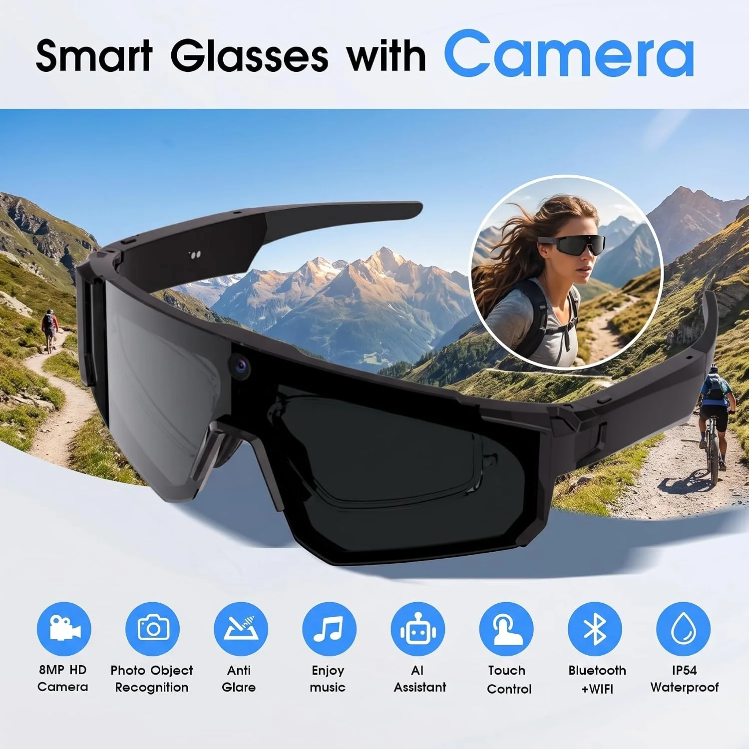 AI Smart Glasses with Camera, Bluetooth Sunglasses for Sports-Black