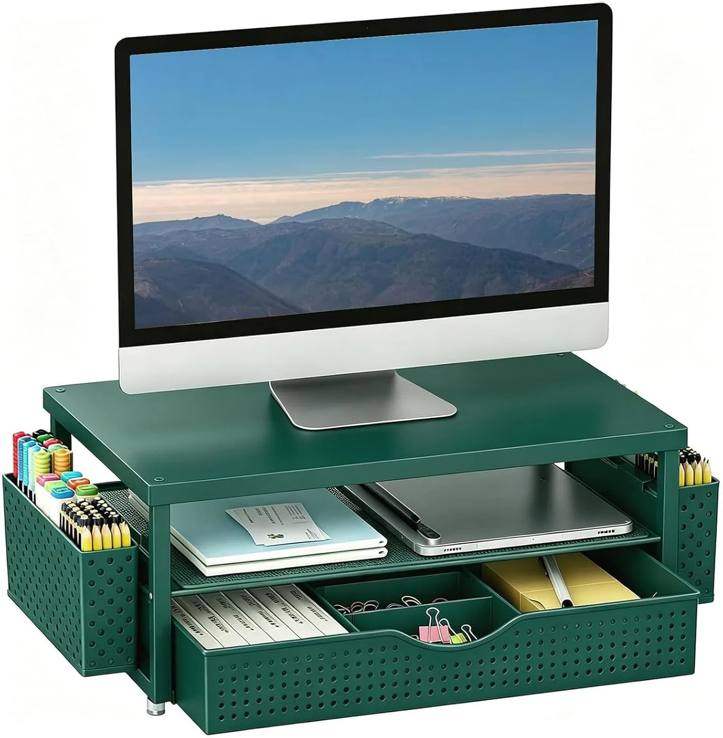 Base para monitor Gianotter con cajón y 2 portabolígrafos verde