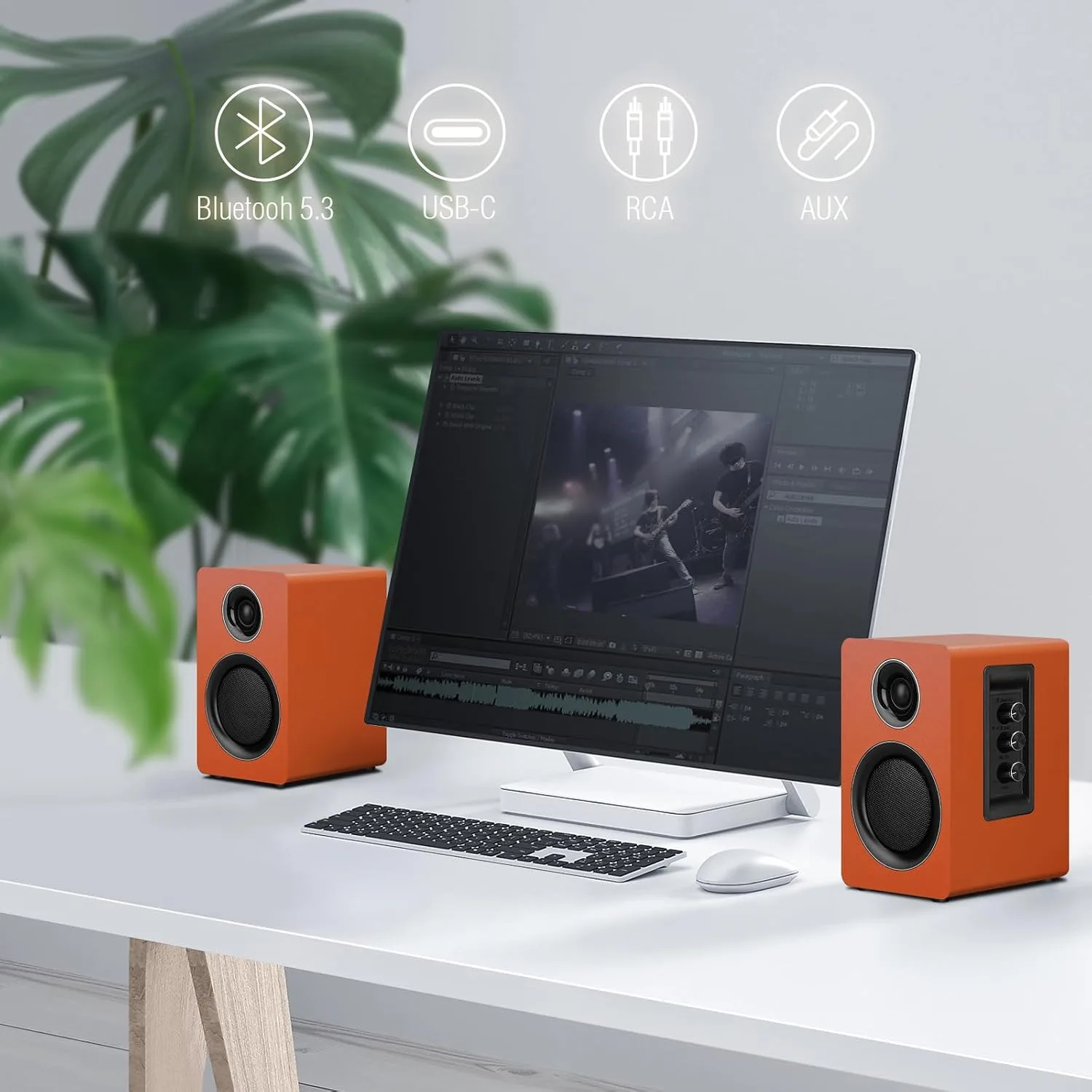 Computer Speakers, Bluetooth 5.3, USB-C, AUX/RCA, 3.5-Inch Woofer, Orange