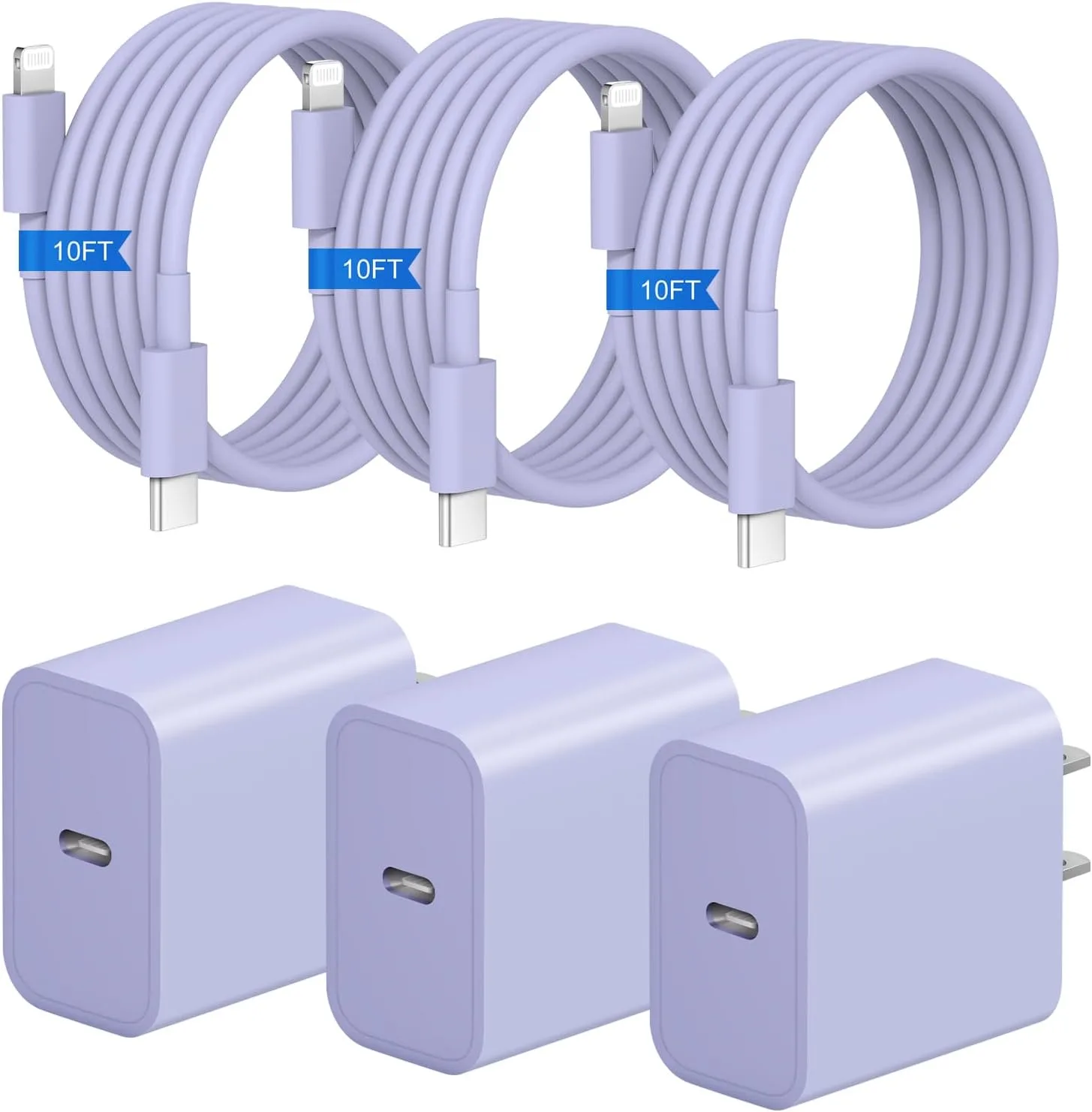 iPhone Fast Charger 3+3Pack 20W USB C Wall Charger with Extra Long 10FT Fast Charging Cable Compatible with iPhone 14/13/12/11/Pro/Pro Max-Purple