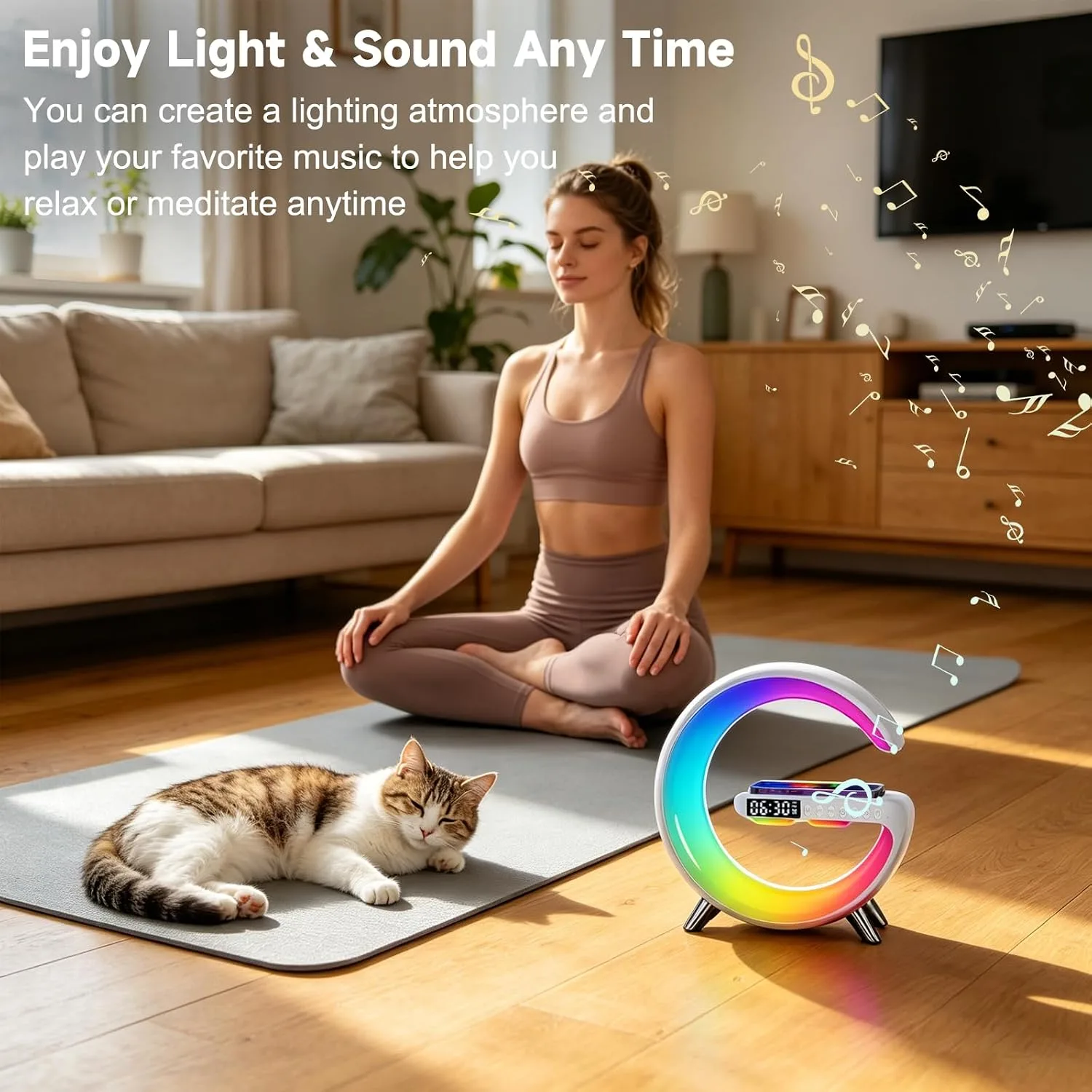 Smart LED Table Lamp, 4 in 1 RGB Night Light, Alarm Clock, Wireless Charger, Bluetooth Speaker with App Control, G-Shape Bedside Atmosphere Lamp for Bedroom Office Home Decor, Teen Girls Boys Gifts