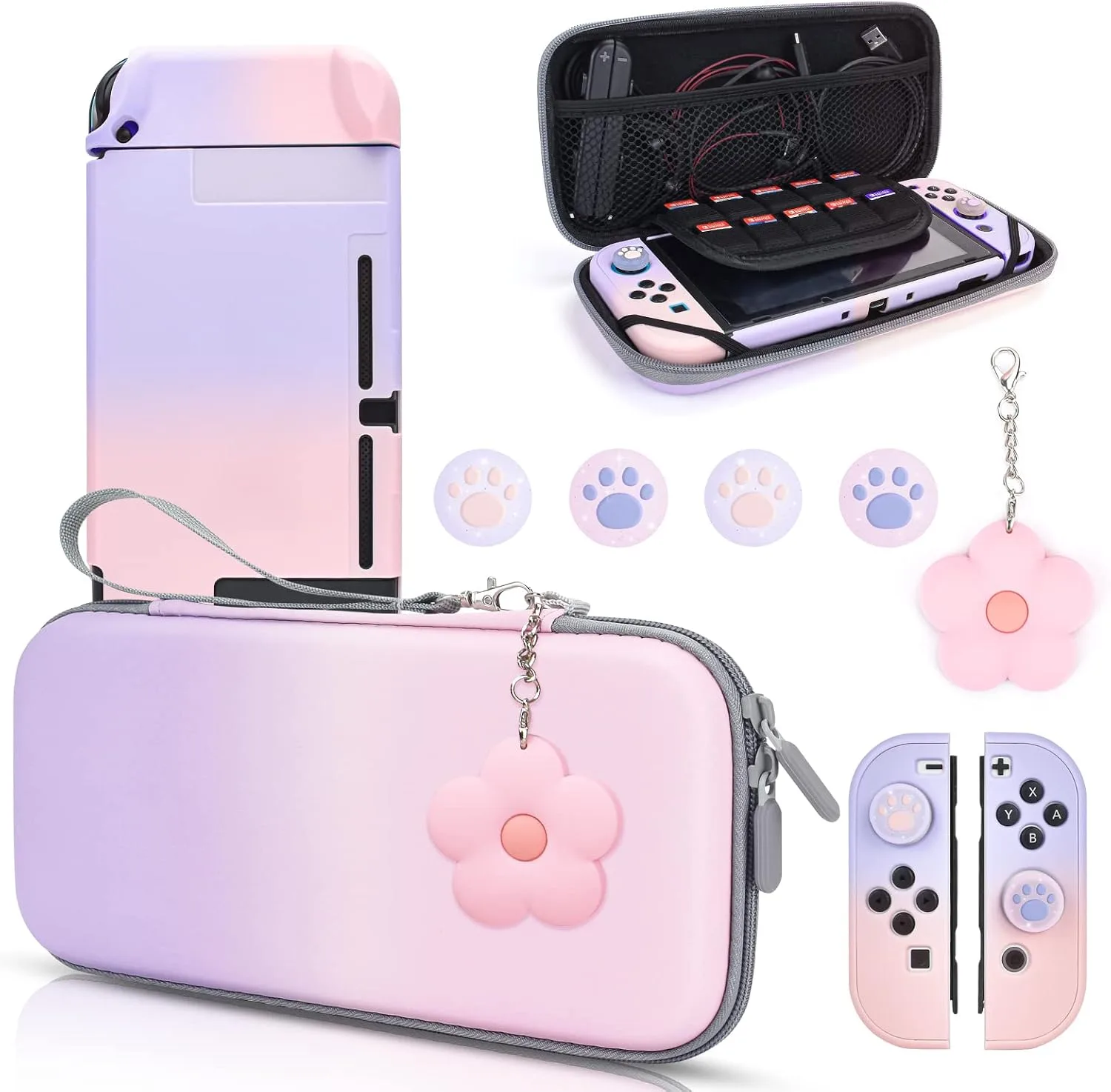 DLseego Pink and Purple Switch Case Set Gradient Carrying Case with 10 Slots Cute Protective Dockable Hard Shell with 4PCS Glitter Cat Paw Thumb Grips Caps and 1PC Flower Blossom Chain For Switch 2017