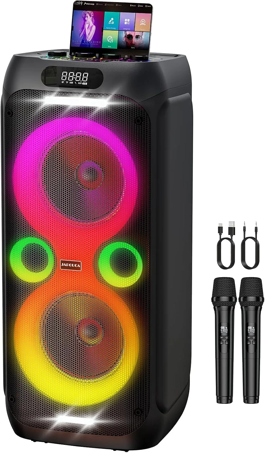 Karaoke Machine, Portable Bluetooth Speaker Bass Boost w/Double 8" Woofer
