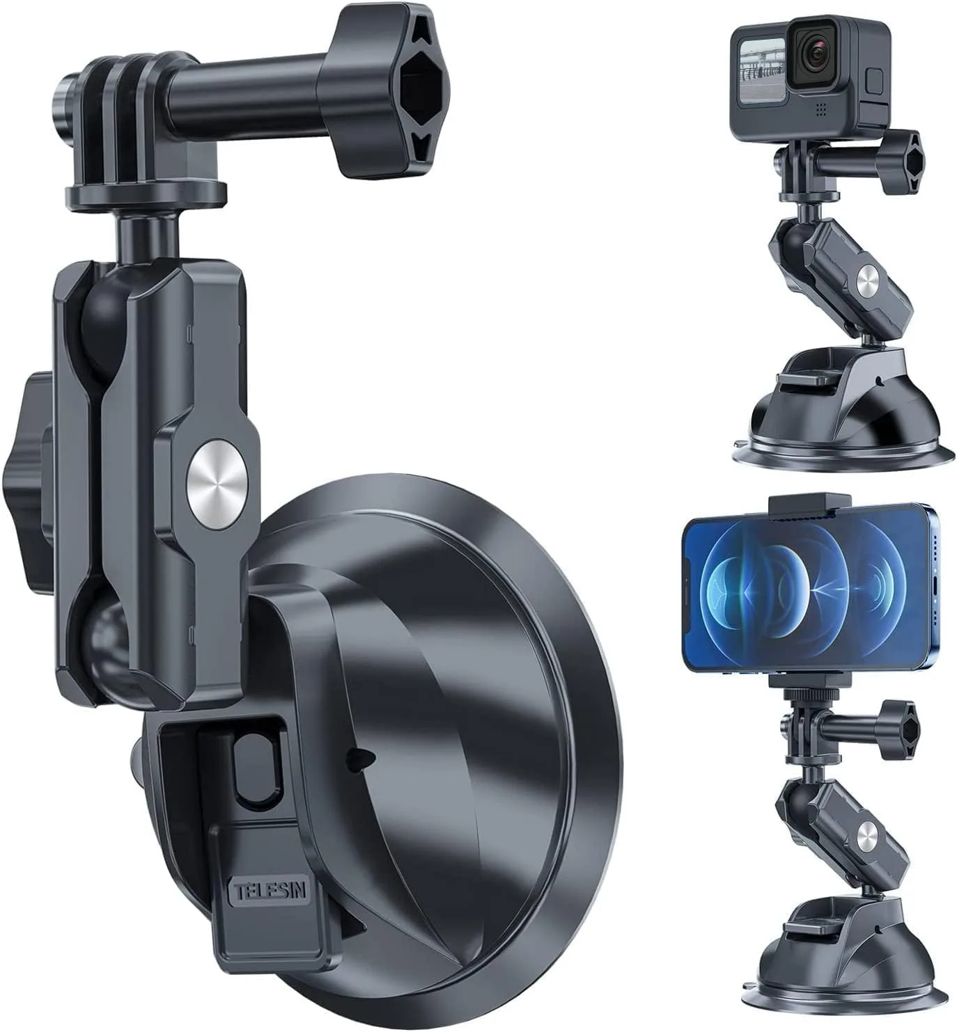 TELESIN Suction Cup Car Mount with Phone Holder, Windshield Window Dashboard Boats Vehicle Attach for DJI Osmo Pocket 4/3 Action 6/5/4 GoPro Mission 1 PRO Hero 13 Insta360 Luna Ultra Xtra Camera Mount