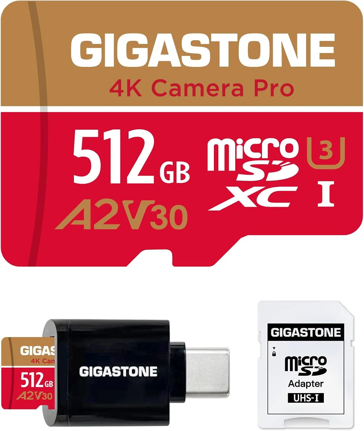 [5-Yrs Free Data Recovery] Gigastone 512GB Micro SD Card, 4K Camera Pro, A2 V30 UHS-I U3 C10, Up to 150/120MB/s, for Smartphone, GoPro, Action Cam, 4K UHD Video, with Adapter & USB-C Card Reader