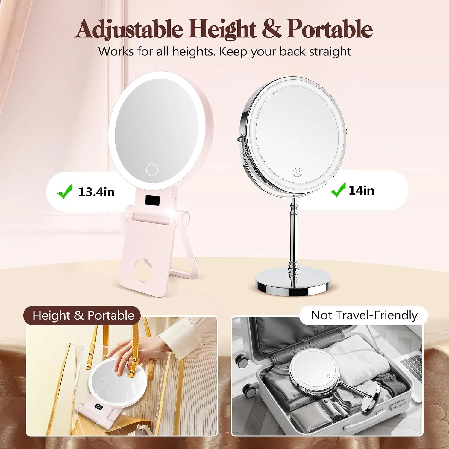 B Beauty Planet Magnifying Mirror with Light 30X, 2000mAh 1X/ 30X Makeup Mirror with Standable Base & Tweezers, 3 Color Modes with Adjustable Brightness& Smart Display, Foldable for Travel Pink