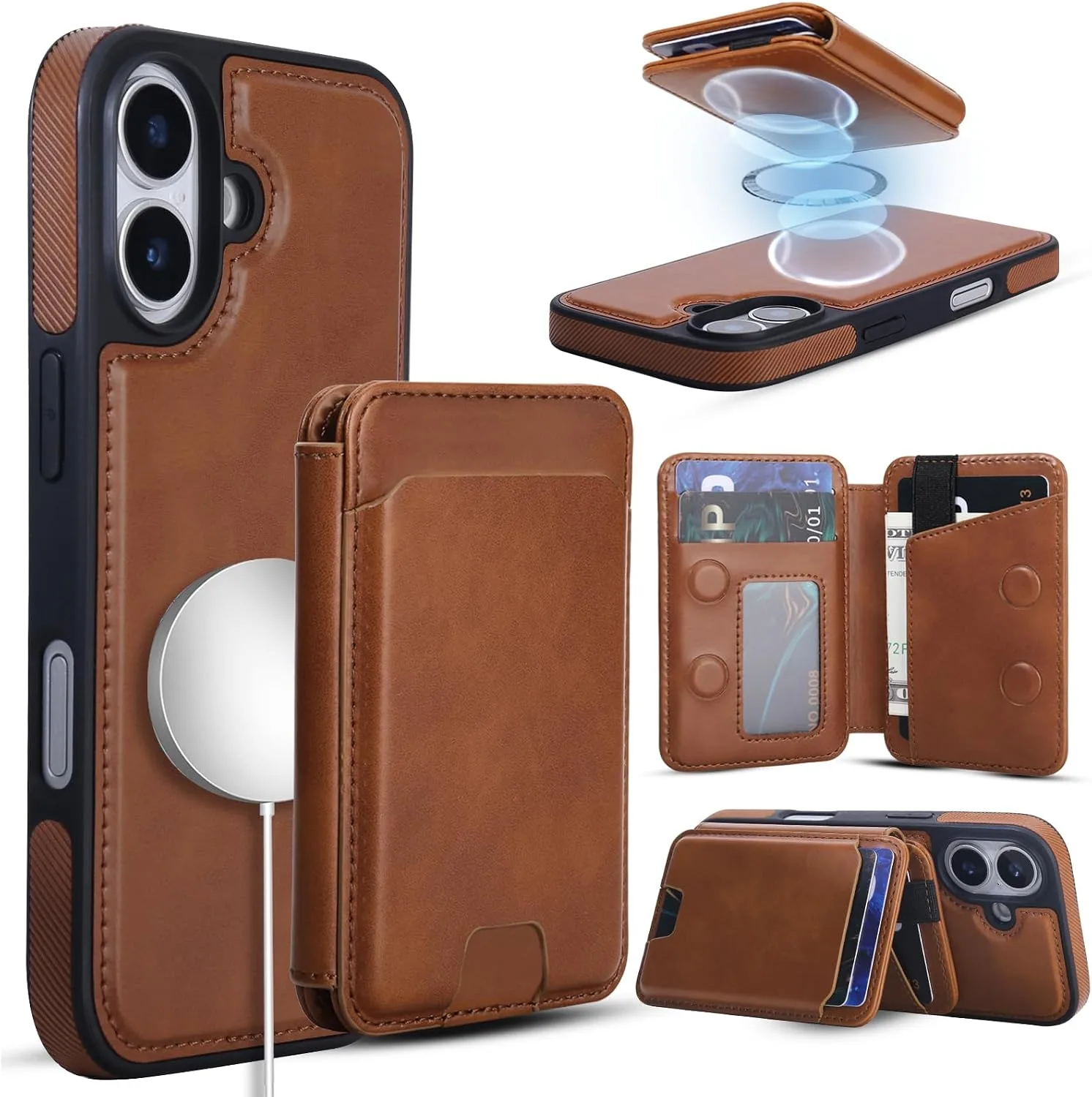 Magnetic Detachable Wallet Case for iPhone 17 with Kickstand,2-in-1 MagSafe Compatible RFID Blocking Card Holder,Slim PU Leather Cover Brown