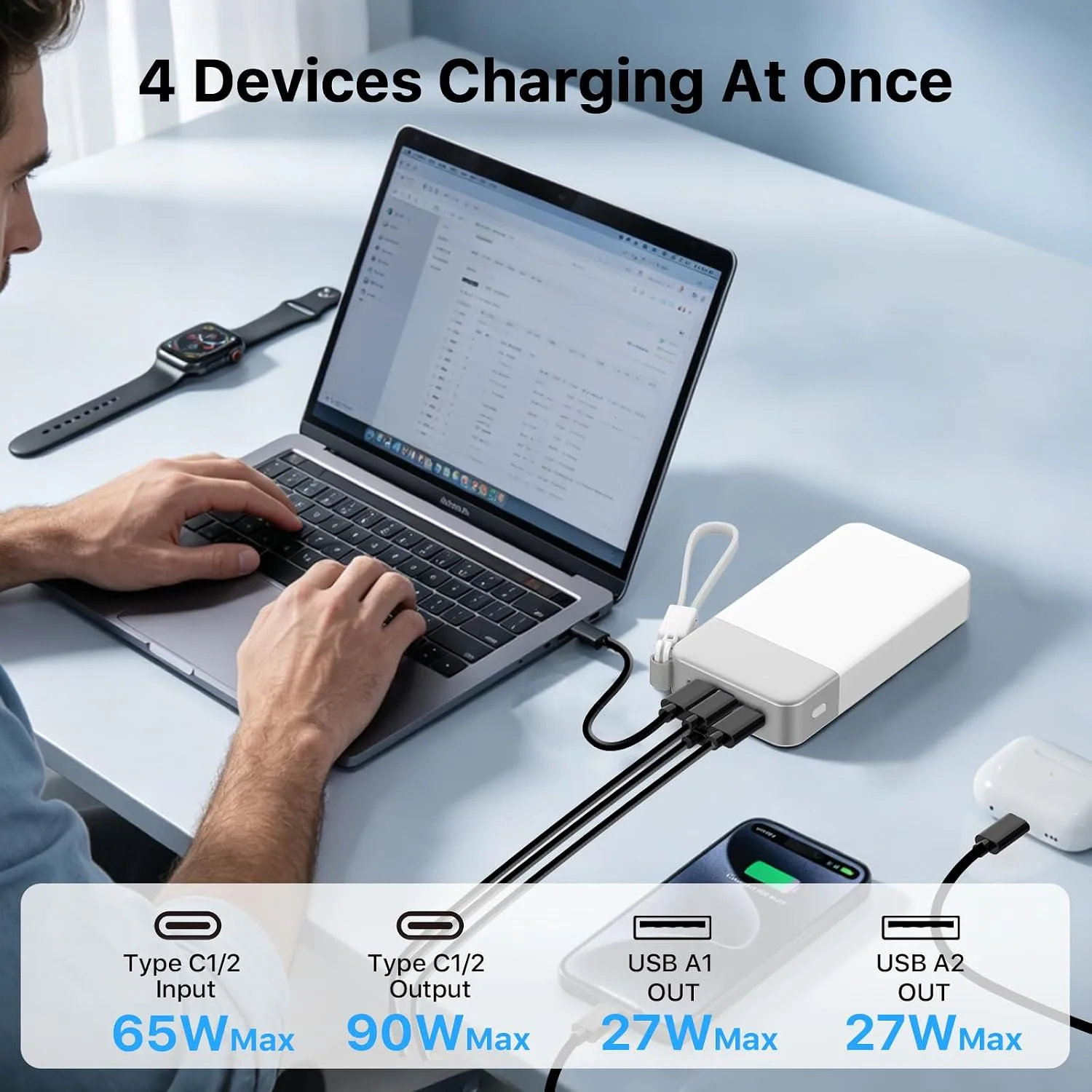 NOBIS Portable Charger 20000mAh 90W Power Bank w/Detachable Cable