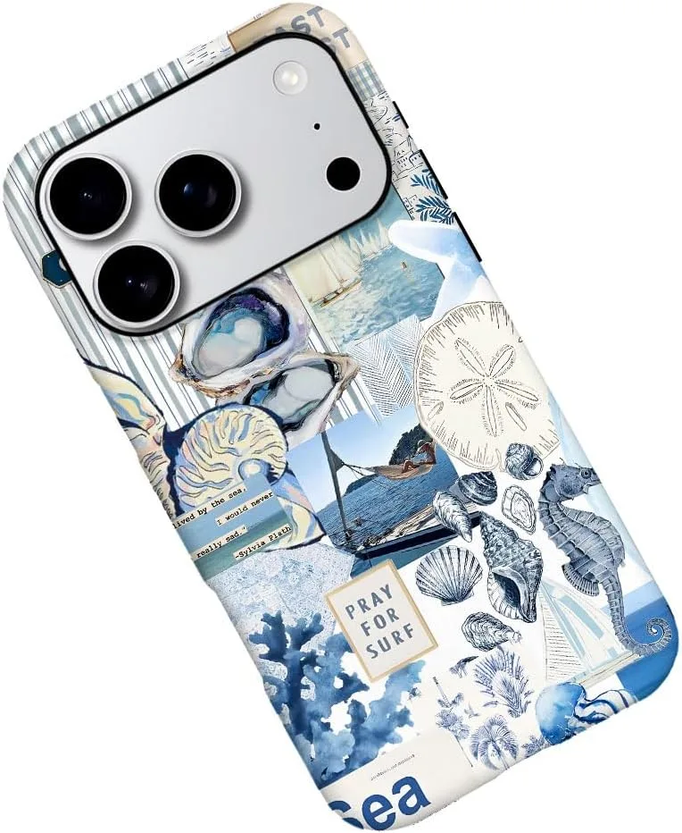 Case Compatible with iPhone 18 Pro/iPhone 17 Pro,Fall Prevention Hybrid 2-Layer Hard Shell Phone Cover for Girls Boys,Seashell Ocean Blue Retro Collage