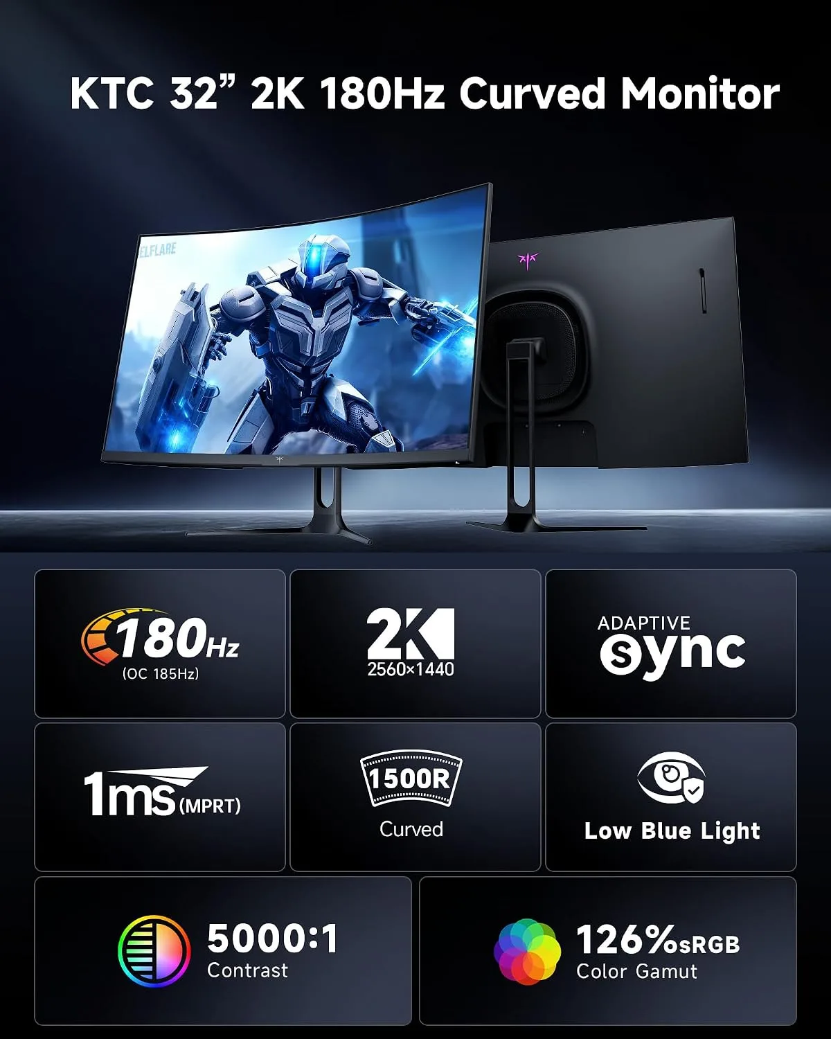KTC 32 Inch Curved Gaming Monitor, QHD 180Hz Monitos 1440P oc 185Hz, H32S5