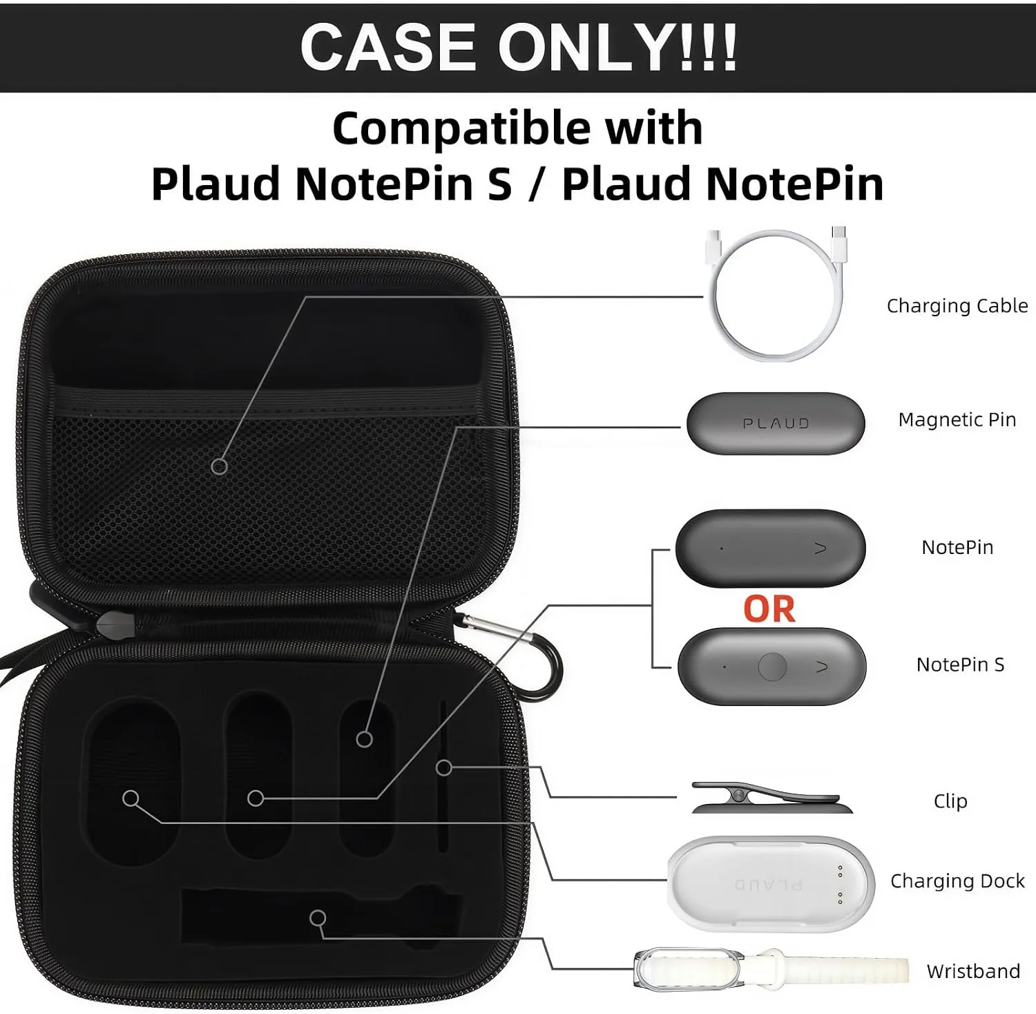 YouKnow Hard Case Compatible with PLAUD NotePin/NotePin S AI Voice Recorder - with Custom Foam Insert Holds Recorder, Magnetic Pin, Clip, Dock, Wristband & Cable (Case Only) (Black)
