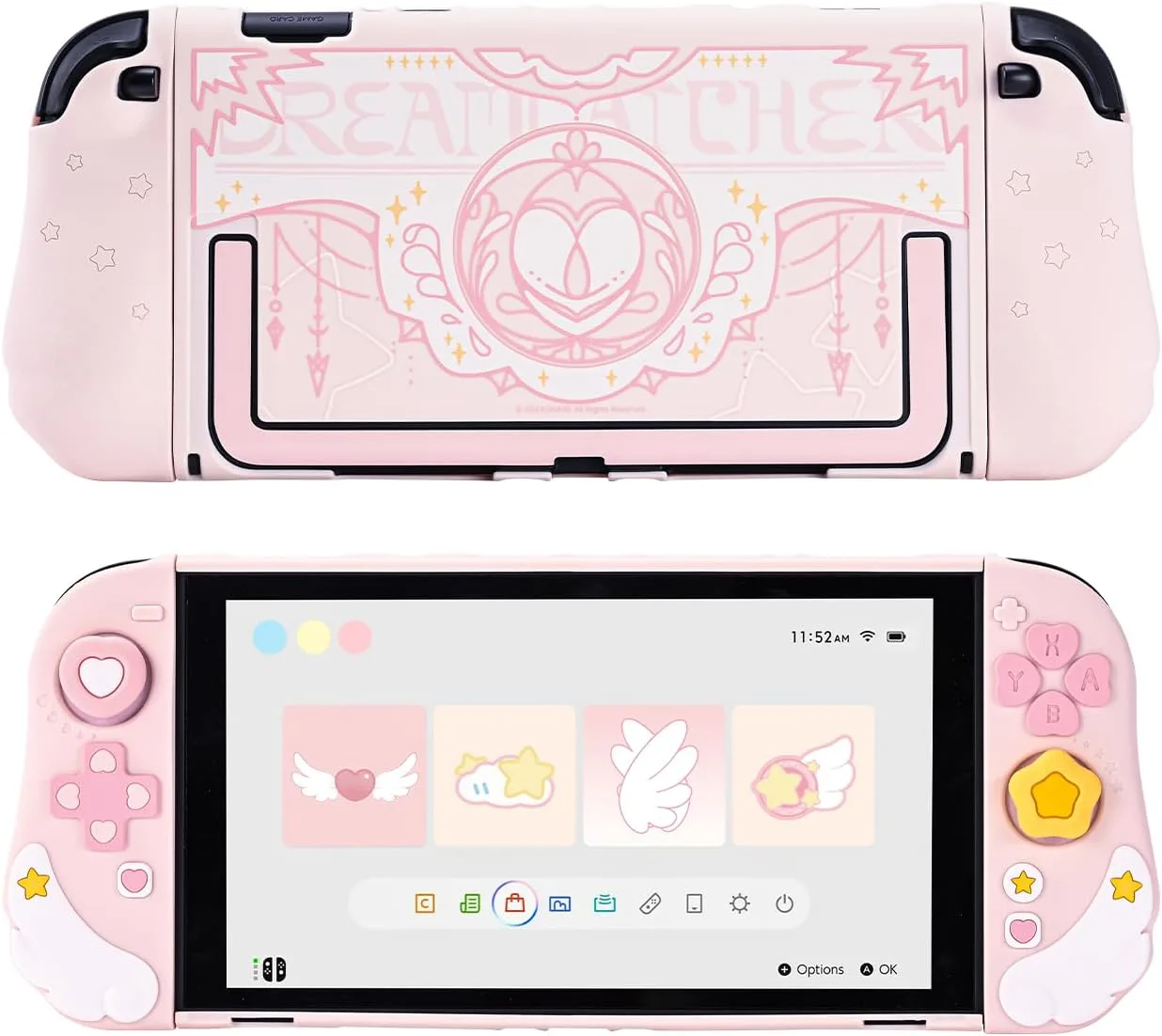 Geekshare Protective Case Set Compatible with switch 2, PC Back Plate with Silicone Joysticks Covers, Includes 2 Thumb Grips, Waterproof Protection - Star Wing Series (Pink)