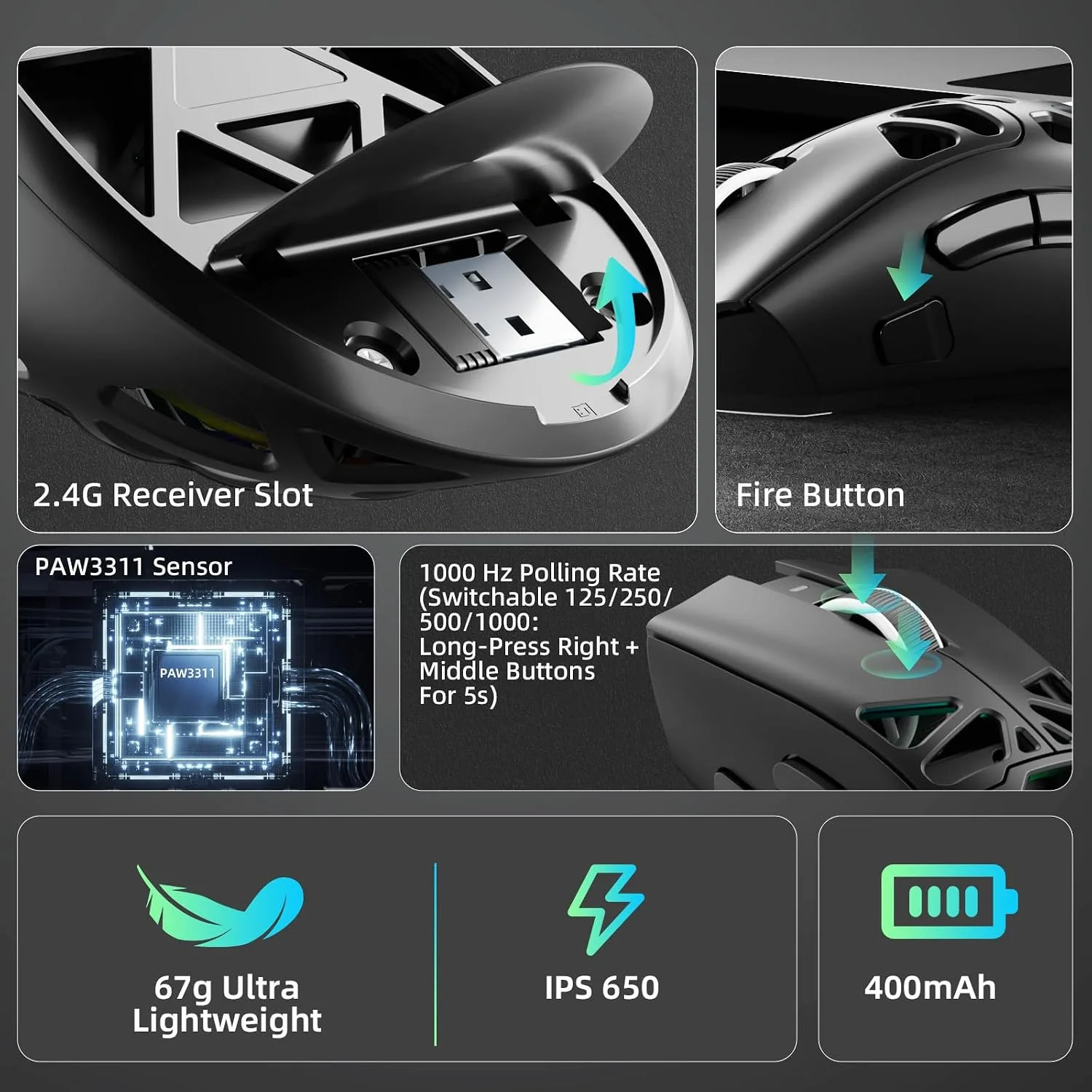Aula SC620 Wireless Gaming Mouse, Tri-Mode 2.4GHz/USB-C/BT5.3 Computer Mouse with 12000 DPI, Programmable Macro Gamer Mouse with Rapid Fire Key, RGB Light Gaming Mice for PC/Laptop/Mac(Black)