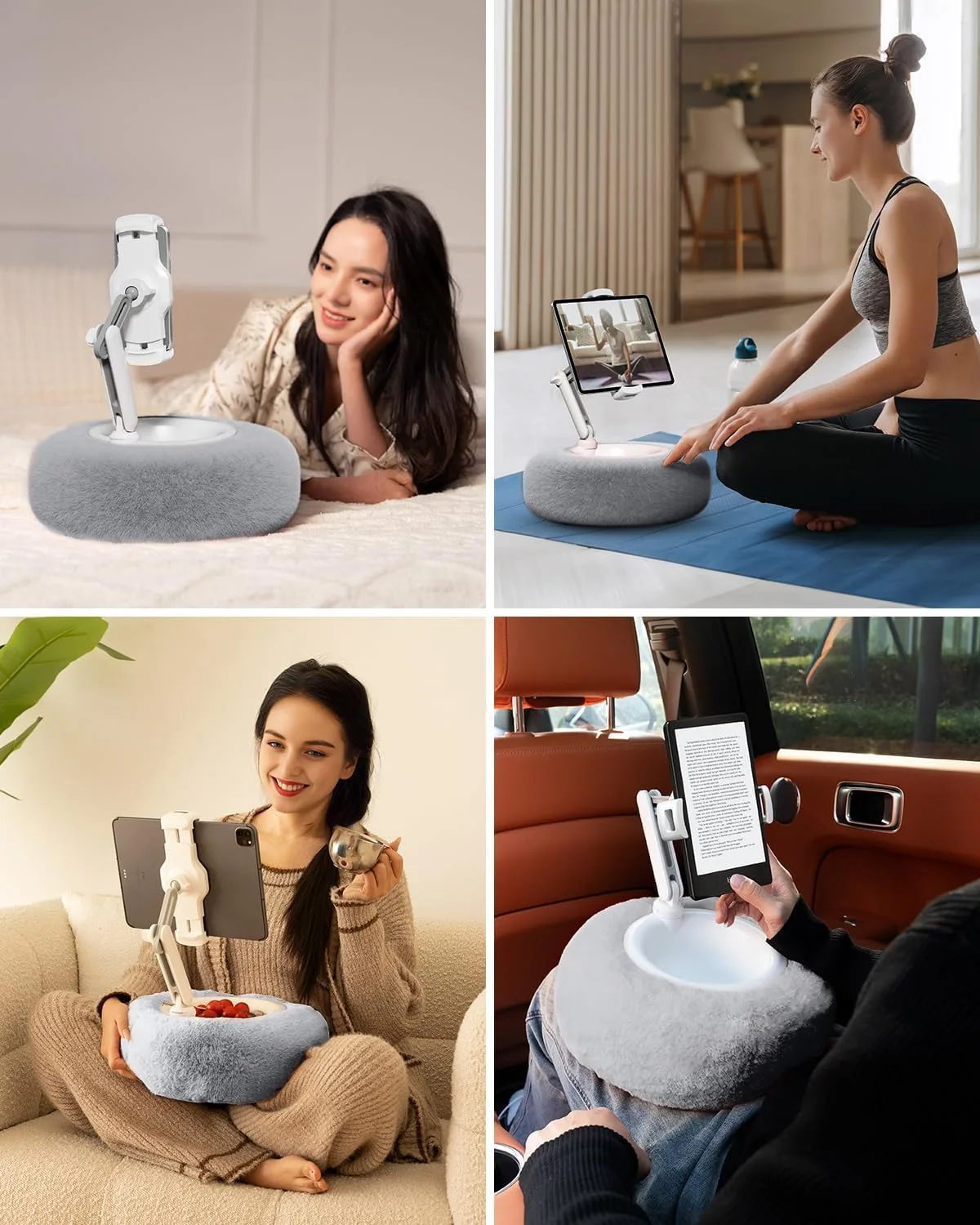 Viozon Tablet Stand with Pillow, Compatible with 4.7"-13" Phone/Tablet, iPad, iPhone, Samsung, Google, Kindle, 360°Adjustable Phone Holder for Bed with Soft Plush Fabric, and Detachable Bowl, Grey