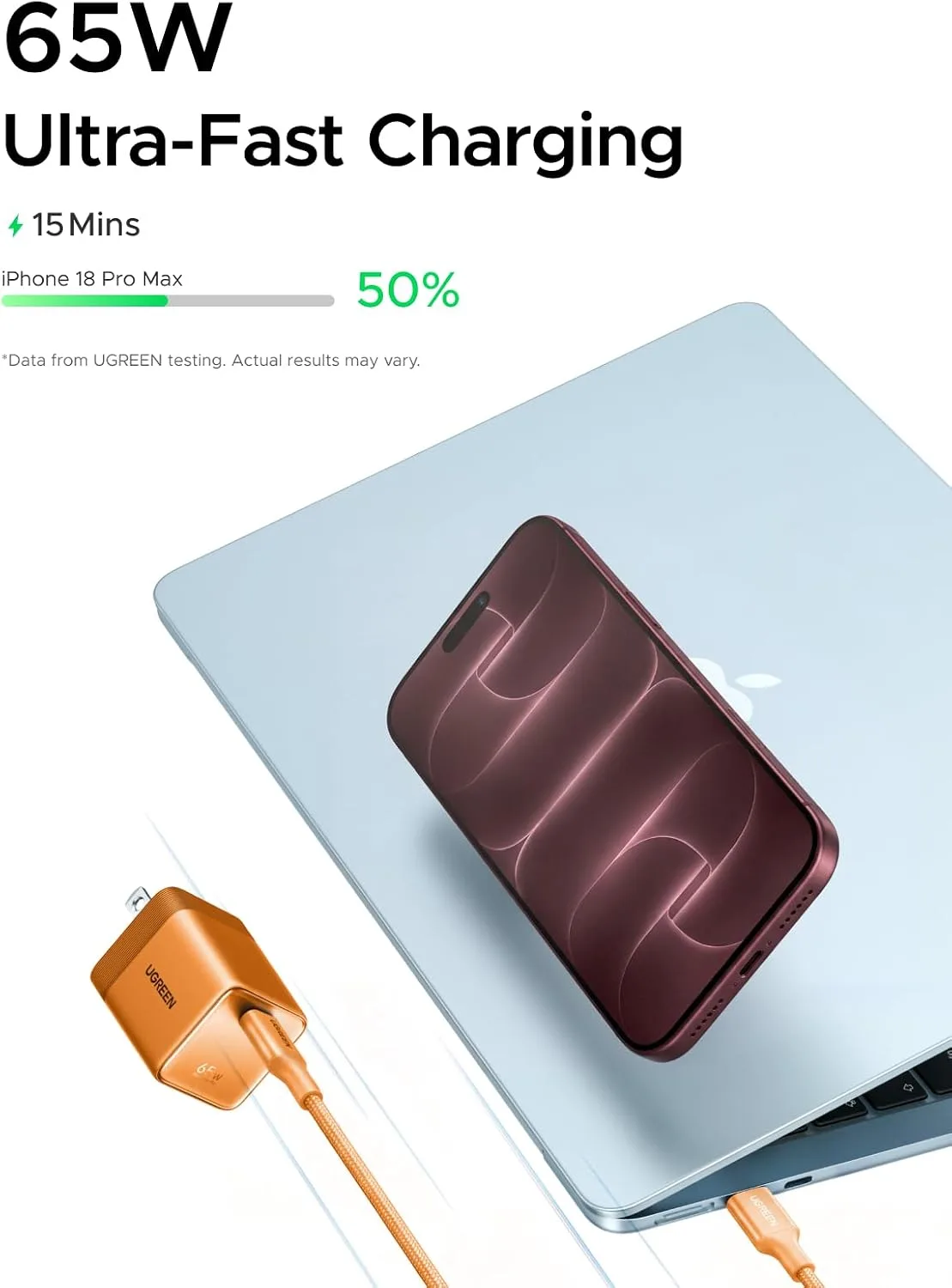UGREEN Nexode Air 65W USB C GaN Charger Block with 3.3ft Cable, Orange