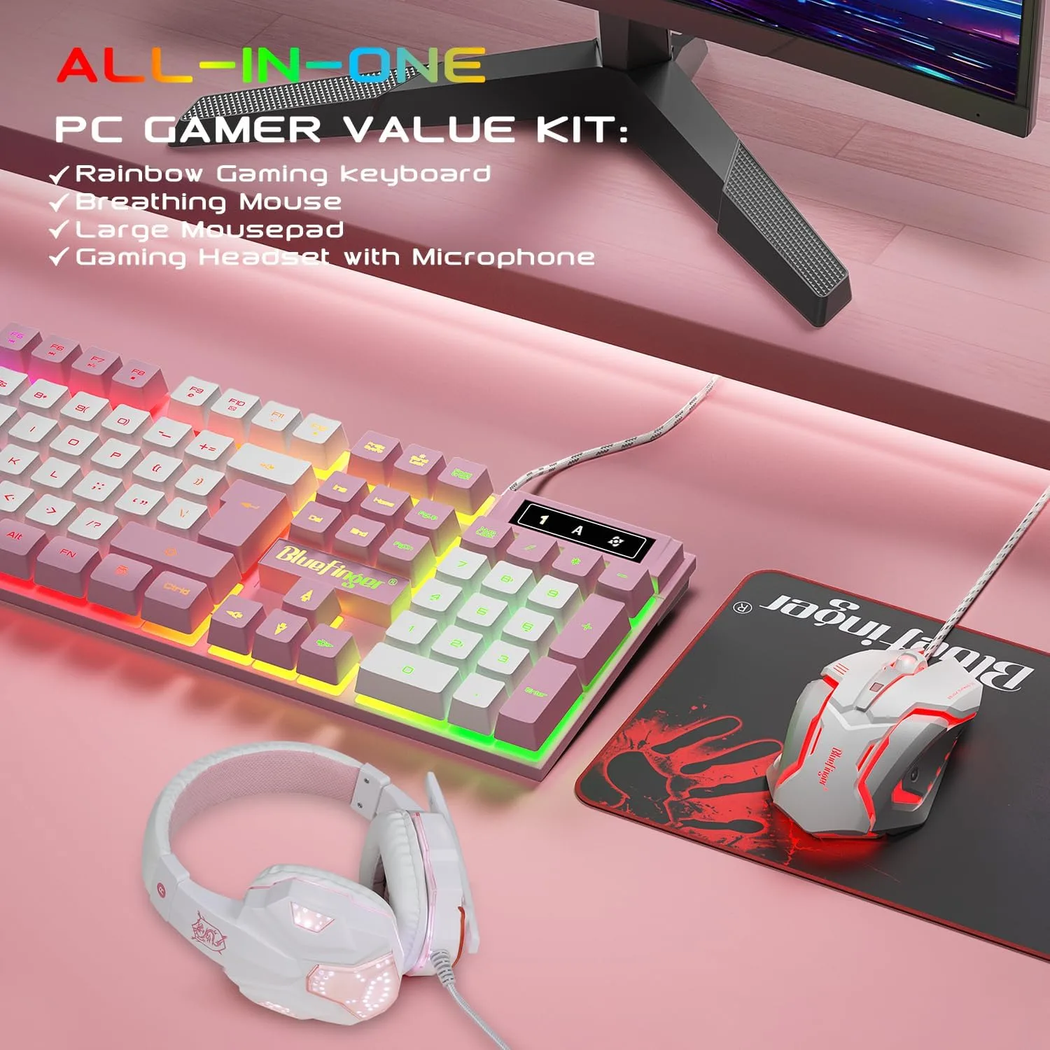 BlueFinger RGB Gaming Keyboard and Backlit Mouse and Headset Combo, USB Wired Backlit Keyboard, LED Gaming Mouse Set, Headset with Microphone for Laptop PC Computer Game and Work (Pink & White)