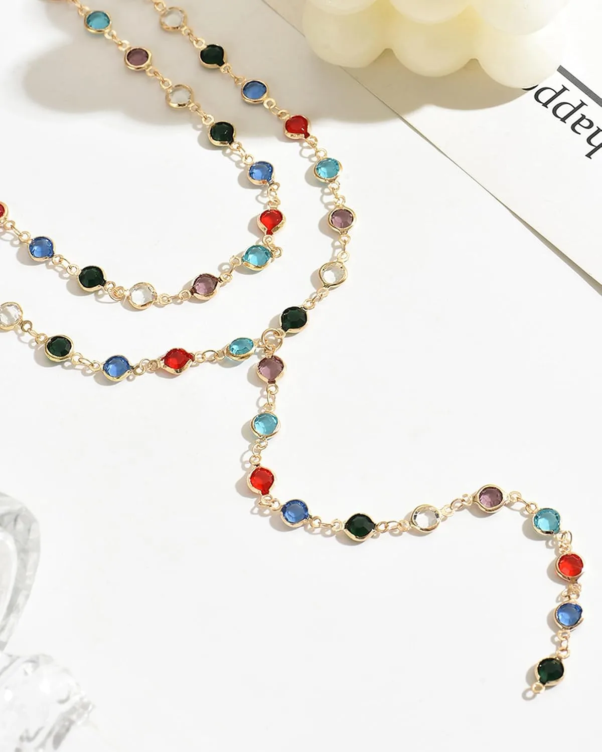 Colorful Y Shaped Necklace for Women Trendy Long Multi Color Crystal Lariat Necklace Sparkly Gemstone Chest Chain Summer Deep V-Neck Dress Outfits Jewelry Accessories