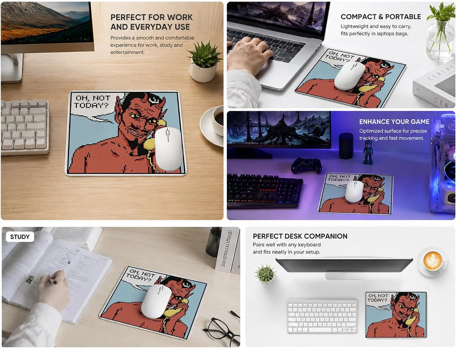 HONLUNG Funny Office Mouse Pad,Oh Not Today Devil Mouse Pad,Sarcastic Office Desk Accessories,Retro Pixel Art Design,Funny Coworker Gift,Non-Slip Rubber Base,Stitched Edges,Small Mousepad,9.4x7.9 in