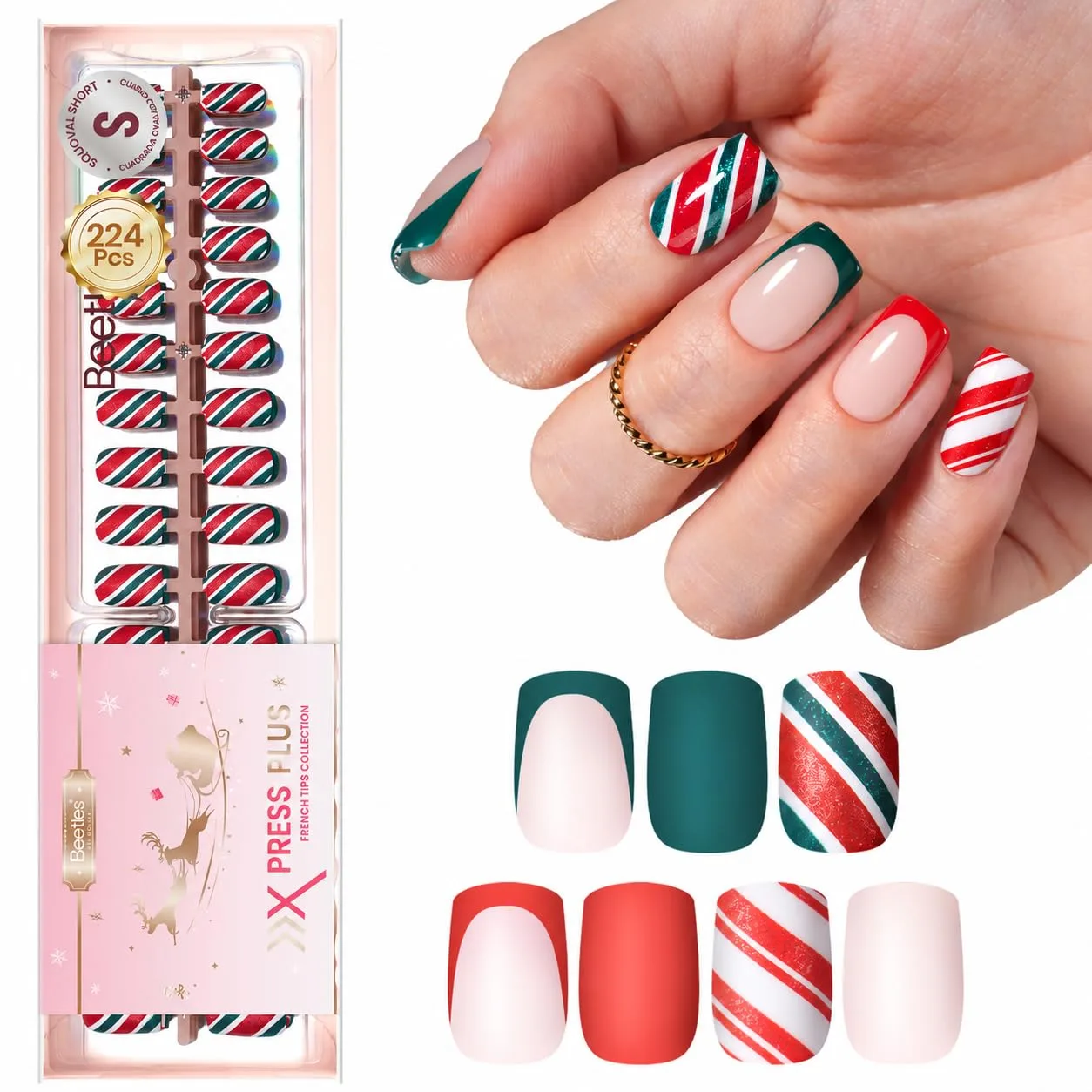 Puntas para uñas Beetles Christmas Press On Nail Tips 224 piezas cortas squoval 16 tamaños