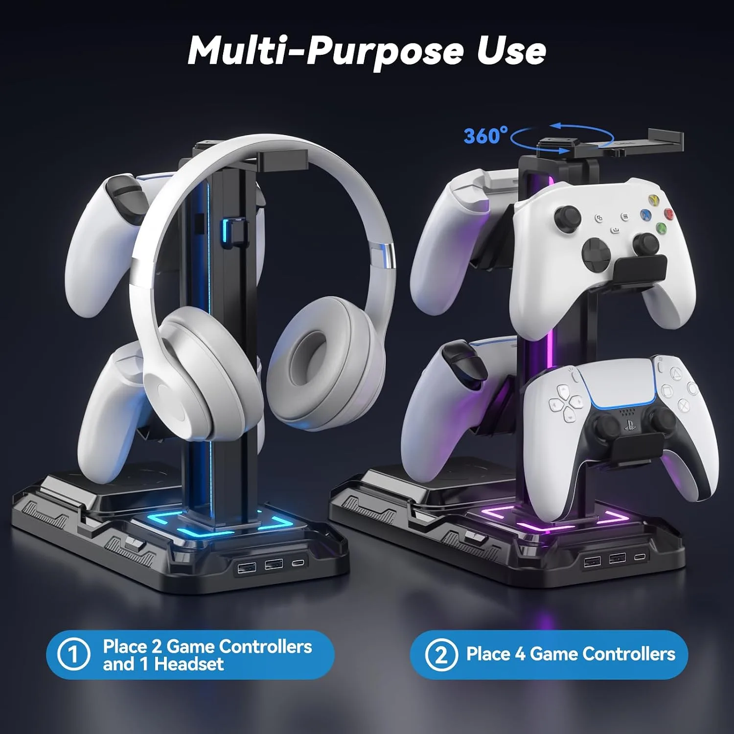 KDD Headphone & Controller Stand with Wireless Charging - Rotatable Headset Stand with 9 Light Modes - Controller Holder with 2 USB and Type C Ports - for Gamers Desktop Accessories