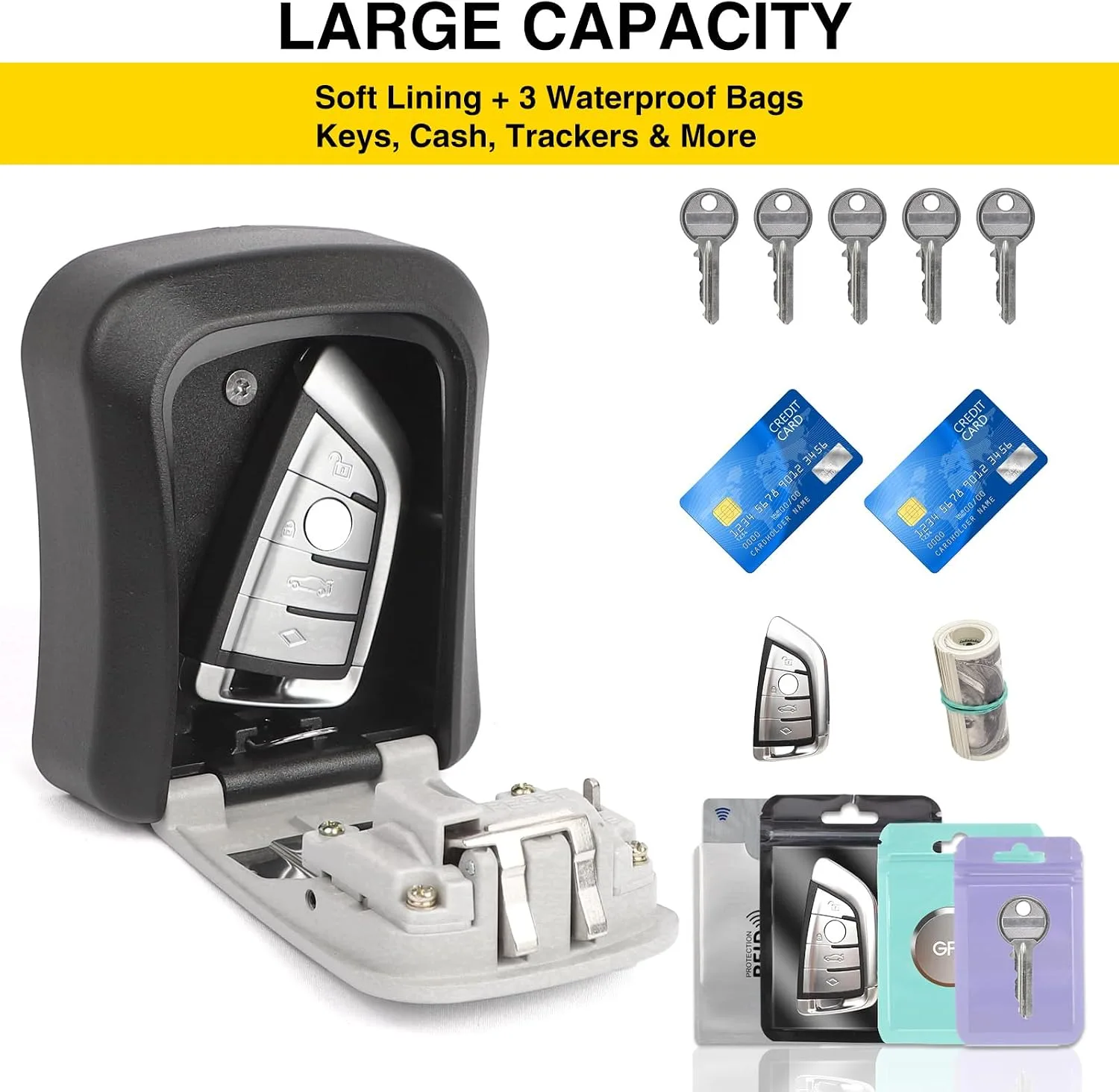 Magnetic Key Holder Under Car, Hide a Key Outside with Combination Lock Box, Resettable Safe Security Code Lockbox with 4 Strong Magnets, Anti-drop Magnetic Box for Under Car, Indoor, Outdoor (Grey)