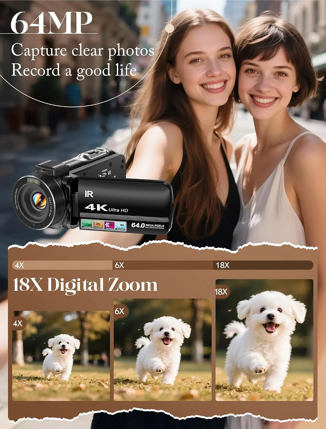 ZYDIIE 4K Video Camera Camcorder UHD 64MP Vlogging Camera for YouTube 18x Digital Zoom 3" 270° Rotation IPS Touchscreen Video Camcorder with Night Vision, Remote Control, 32GB Card, 2 Batteries