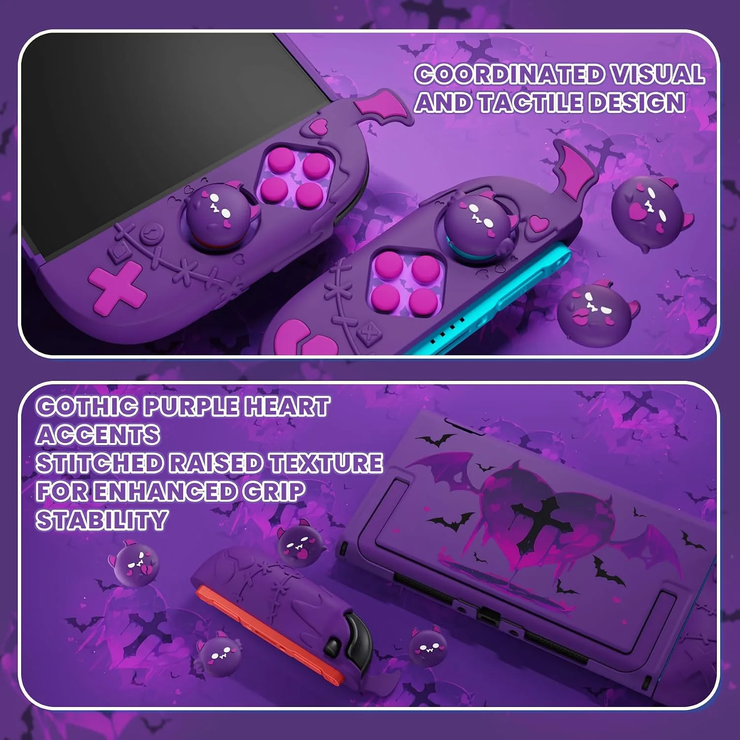 PlayVital Protective Case for Nintendo Switch 2, Kawaii Gothic Imp Series Silicone Grips + Dockable Hard Case Shell for Switch 2 with Thumb Grips & Sticker, Shockproof Protection Cover - Purple