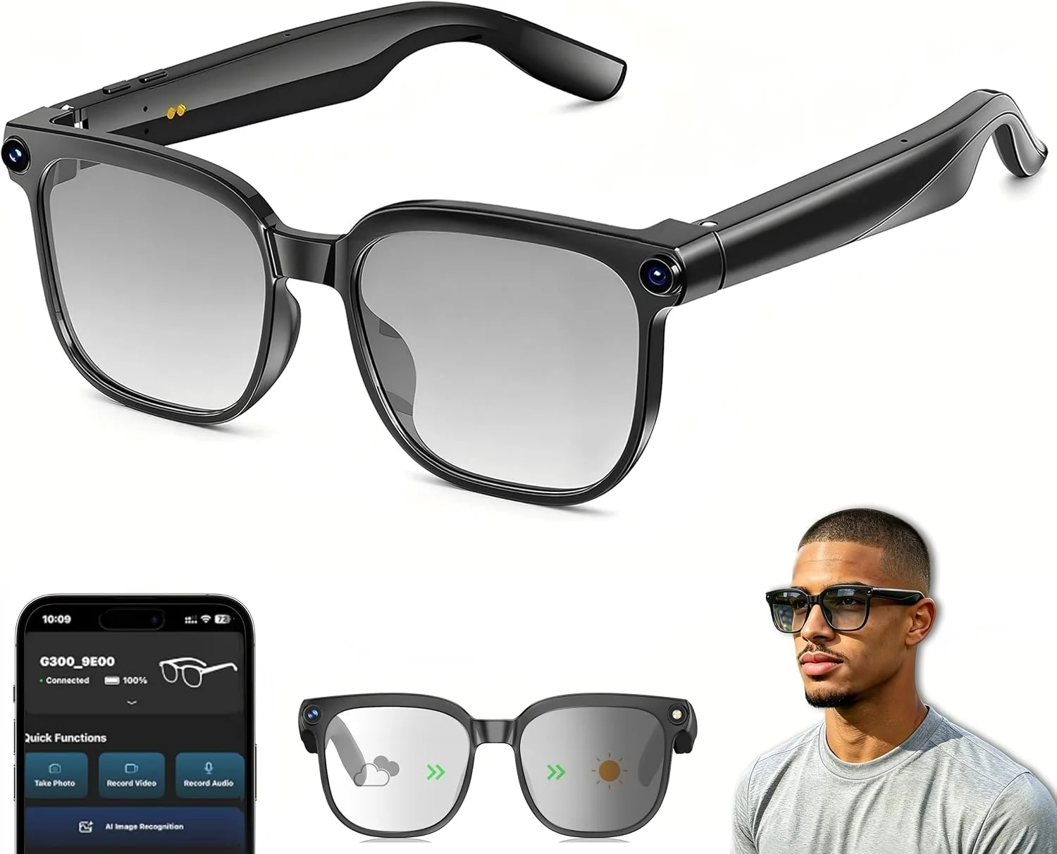 AI Smart Glasses with Camera, 8 MP Camera Glasses, AI Glasses with Voice Assistant, Ear Opening Music, Real-Time Translation, Sunglasses for Recording Life and Work Videos (Photochromic)