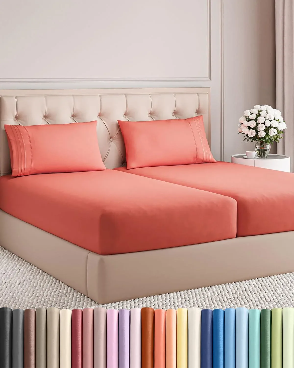 Split King Size 5 Piece Sheet Set - Breathable & Cooling Sheets - Coral