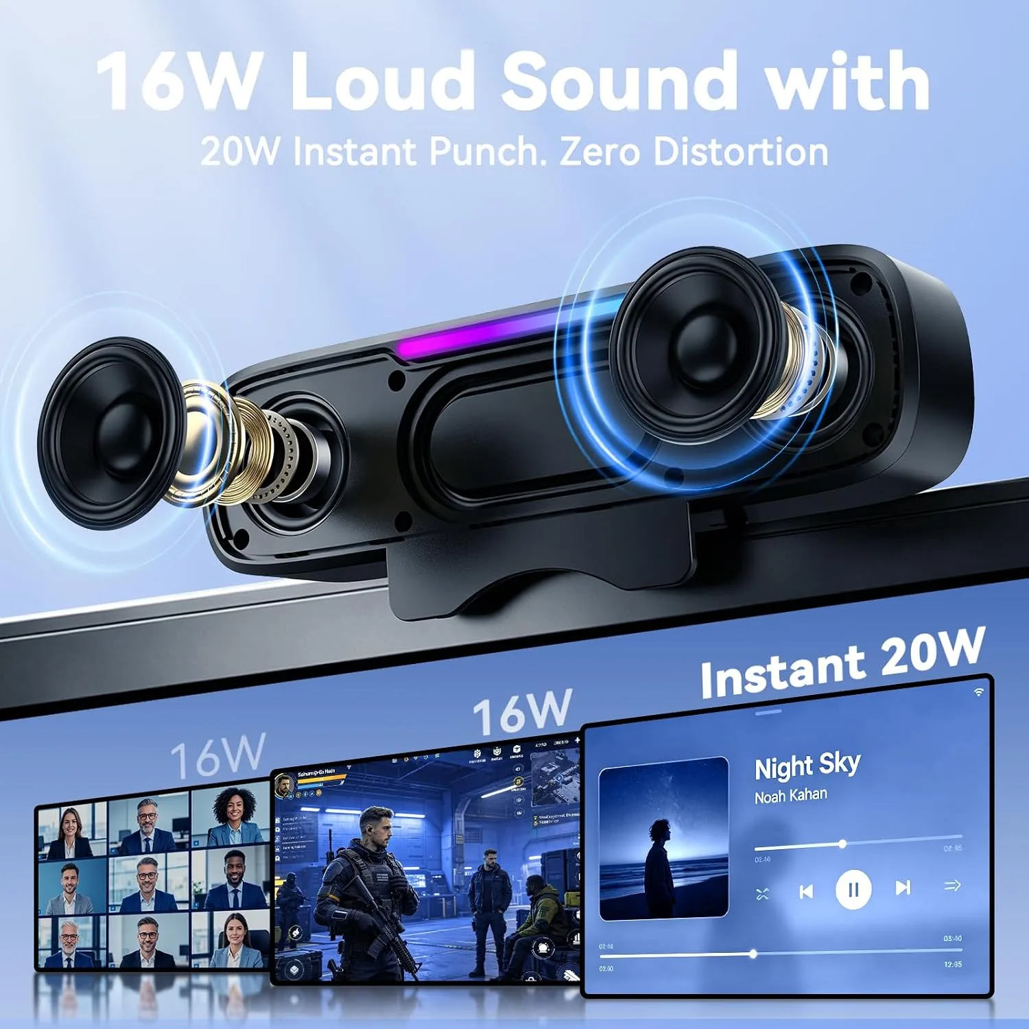 OHAYO Computer Speakers for Desktop PC, USB Plug-in with G-Sensor/16W/BT5.3
