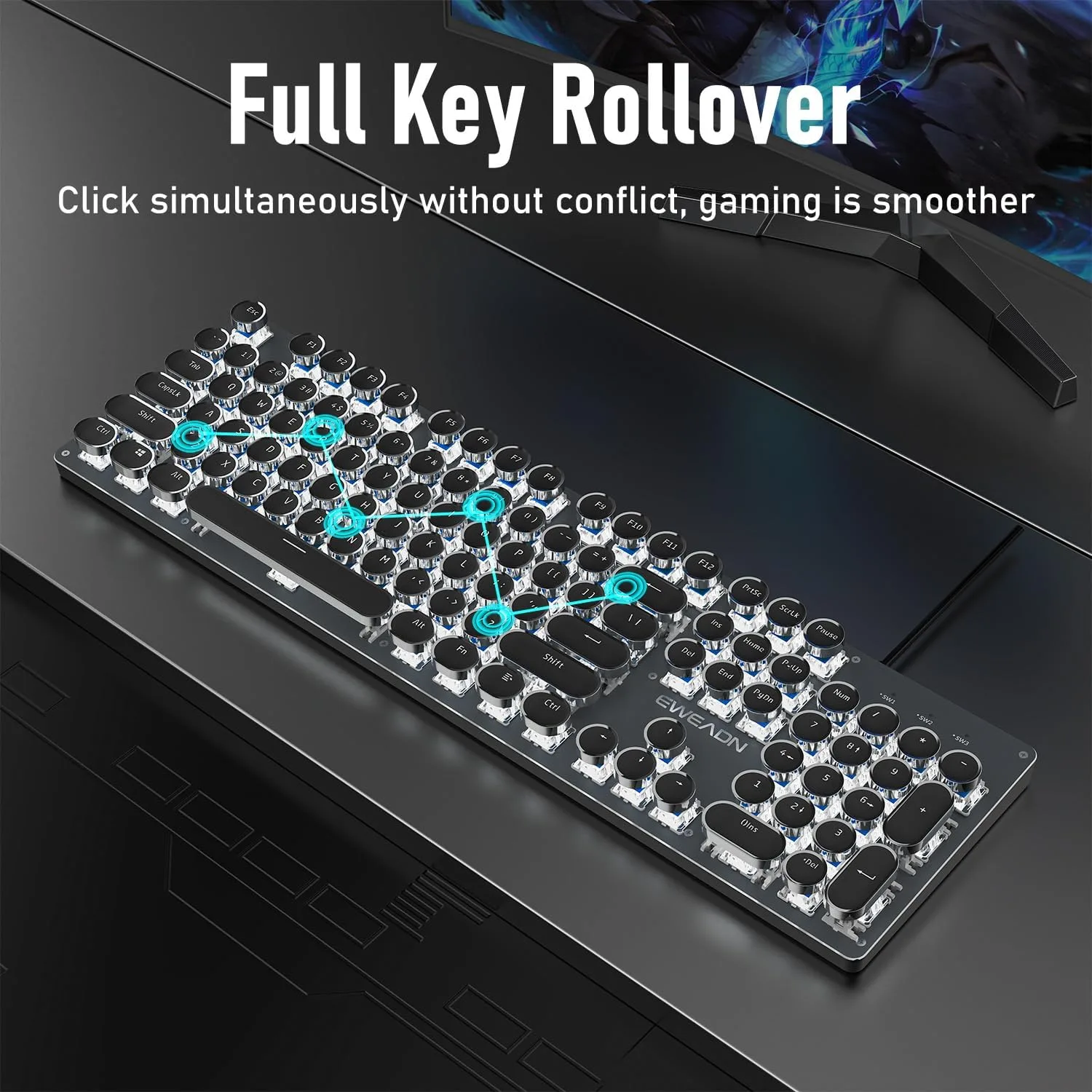 Wired Typewriter Style Mechanical Gaming Keyboard with White Backlit-Black