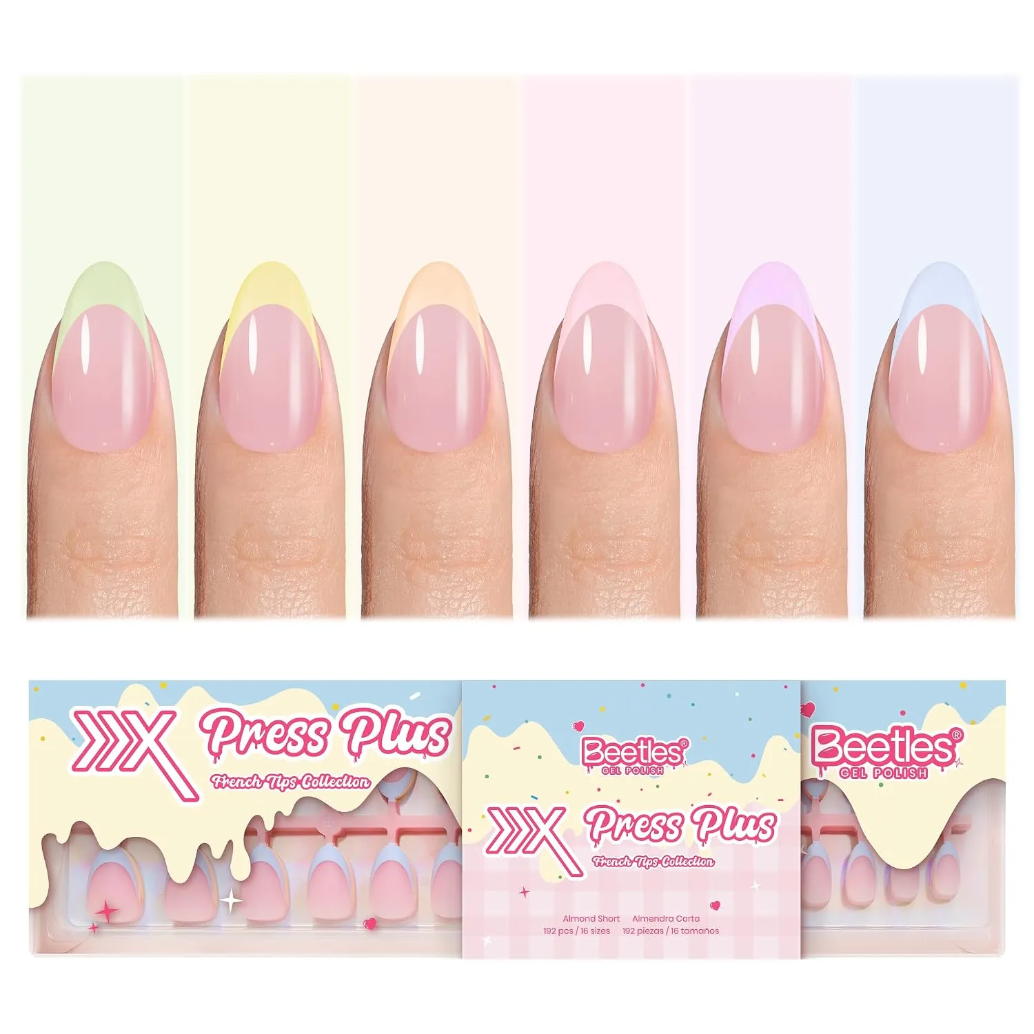 Beetles French Tips Press On Nails - Short Almond 6 Colors 192 Pcs