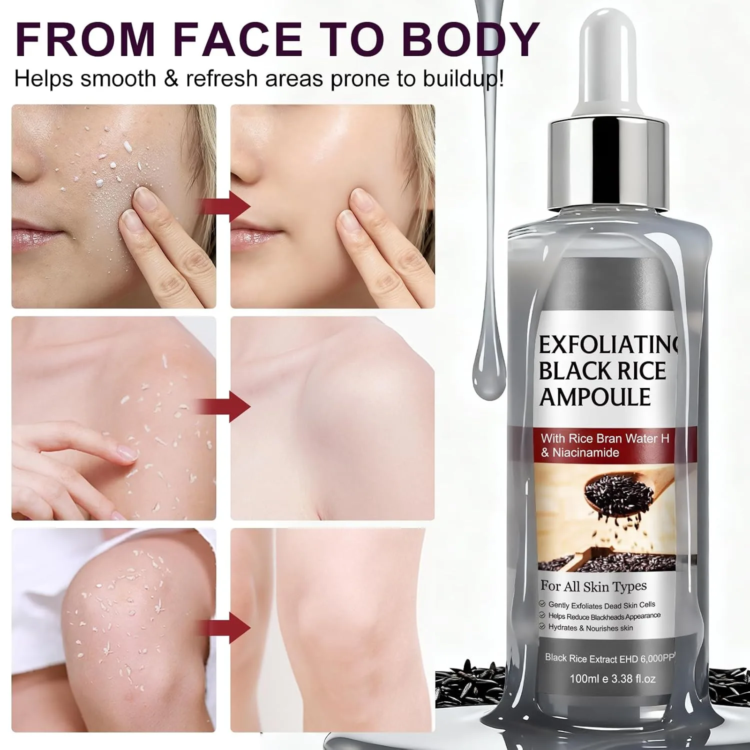 Black Rice Exfoliant, Peel Shot Glow Exfoliating Face Serum, Korean Skin Care Soft Exfoliating Body Scrub Dead Skin Cells, Blackheads Remover For All Skin Types 100ml
