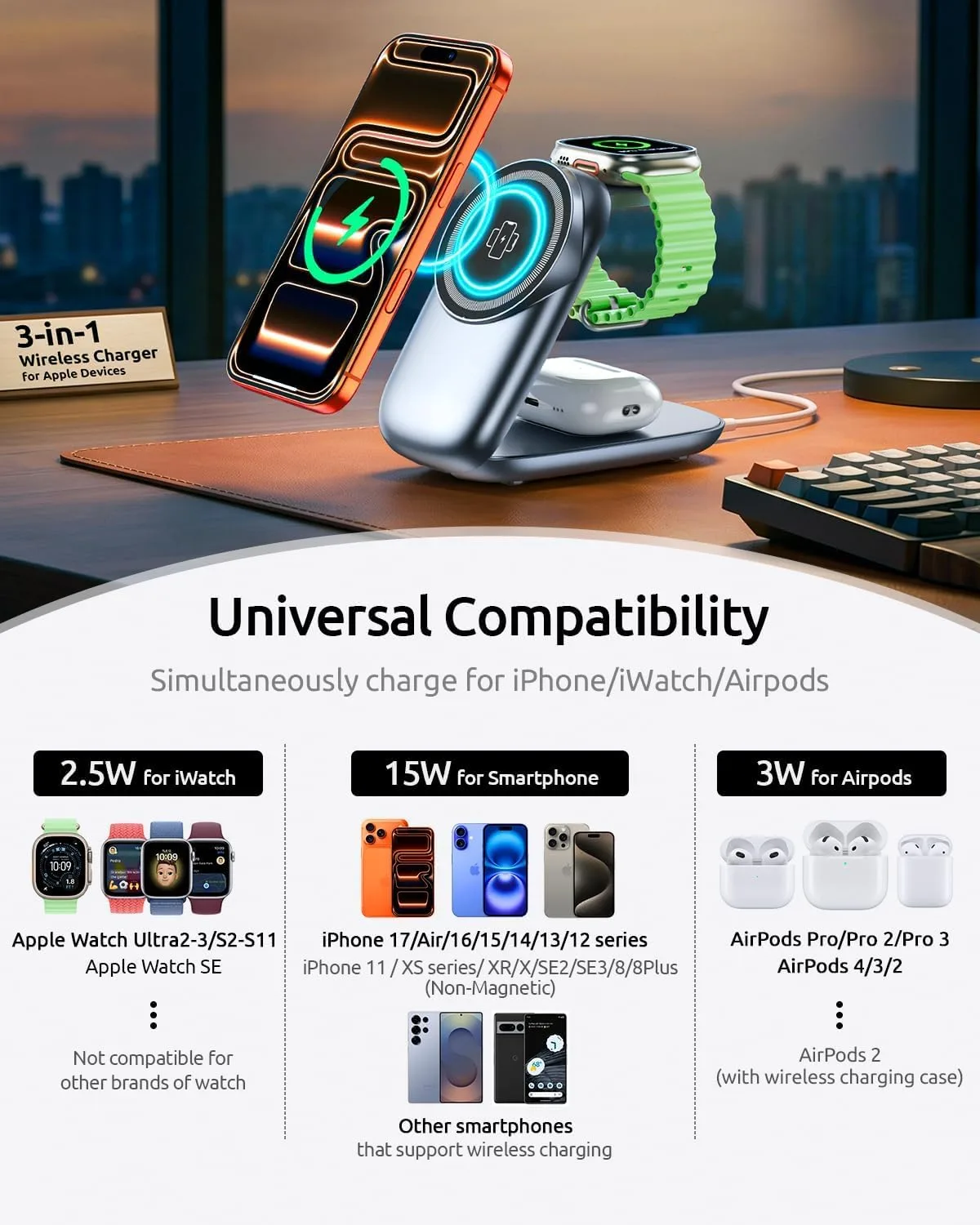 3 in 1 Charging Station, Foldable Magnetic Travel Wireless Charger