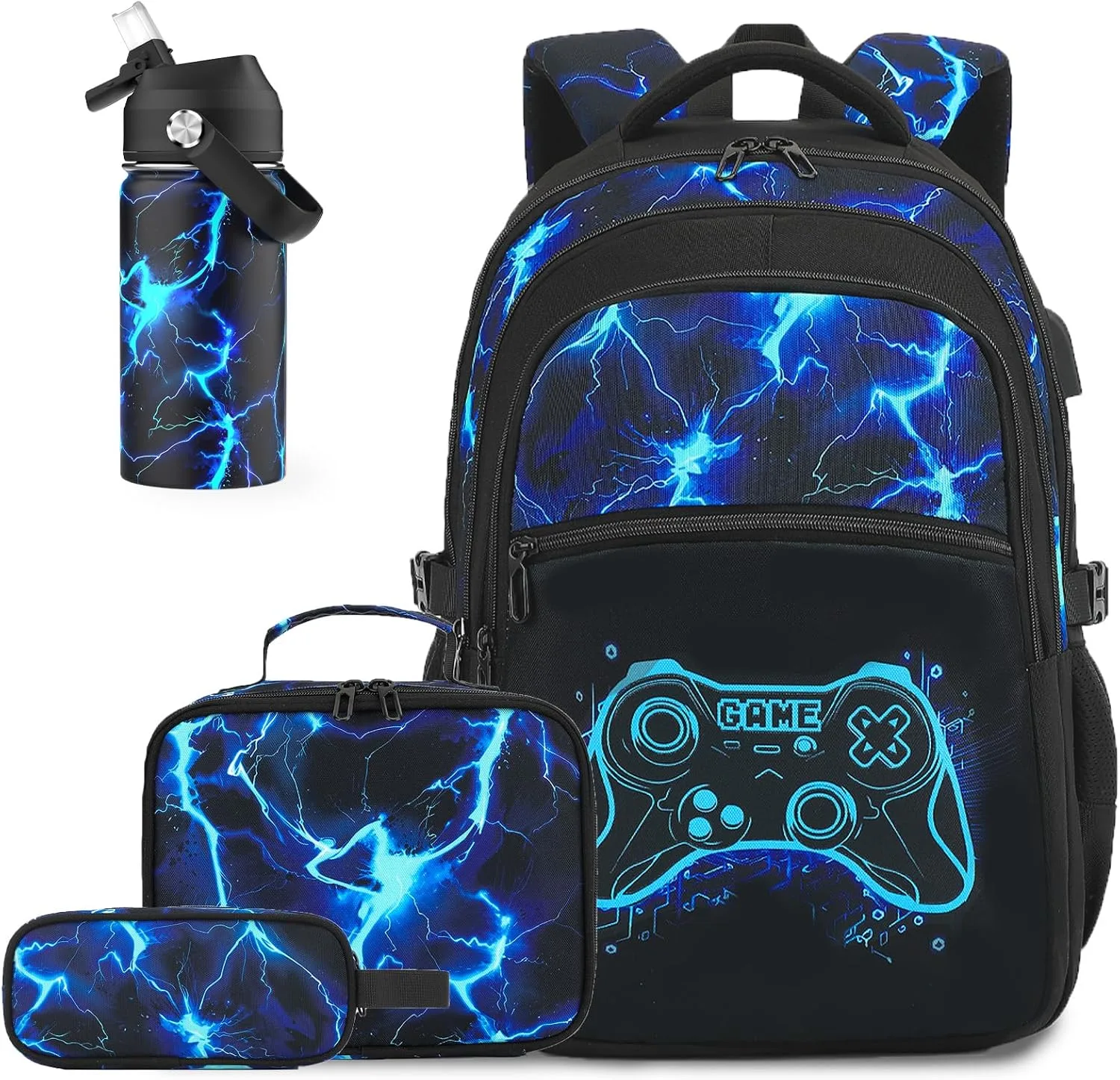 DIGOBAY Boys Backpack for School, 6PCS Cool Luminous Gamer Backpack for Boys with 14oz Insulated Water Bottle Lunch Box Pencil Case, Kids Backpacks Bookbag for Teen Boys Elementary Middle High School