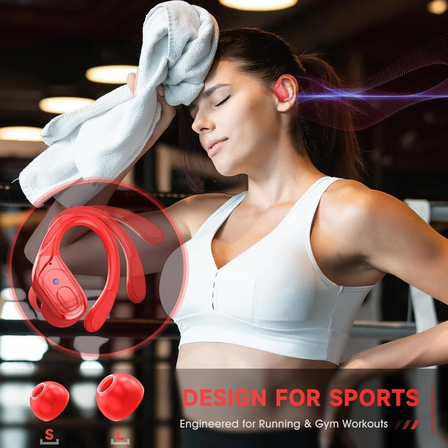 Wireless Earbuds Headphones Bluetooth 5.4, Noise Canceling Ear Buds with 75hr Playtime, IPX7 Waterproof Earphones Over-Ear Earphones for Sports/Workouts, LED Power Display - Red