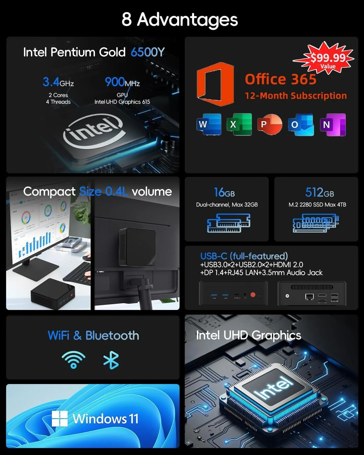 Mini PC, 1 Year Office 365, Intel 6500Y (up to 3.4GHz), 16GB RAM 512GB SSD