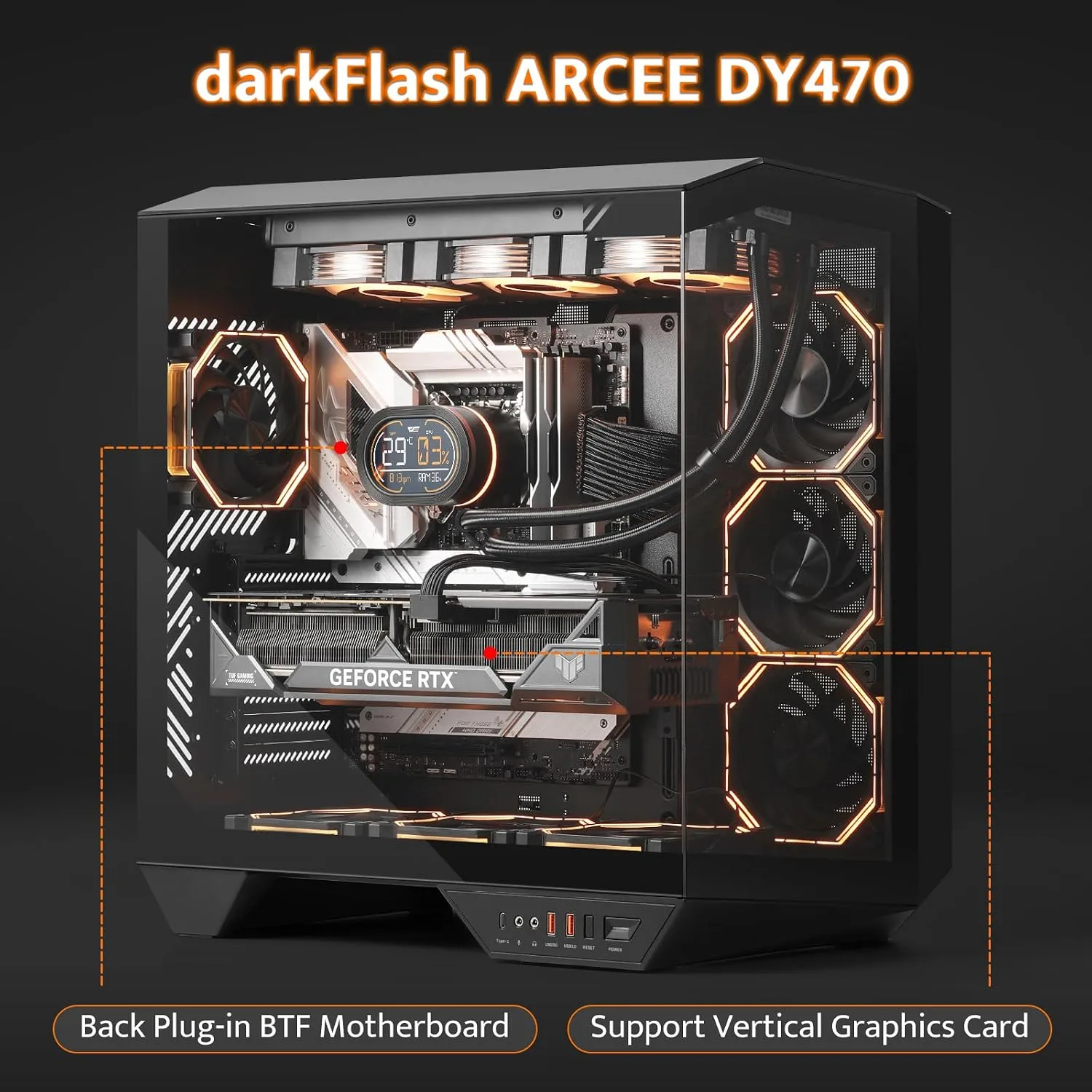 darkFlash DY470 Full-Tower ATX Gaming PC Case with 4 PWM ARGB Fans, Black
