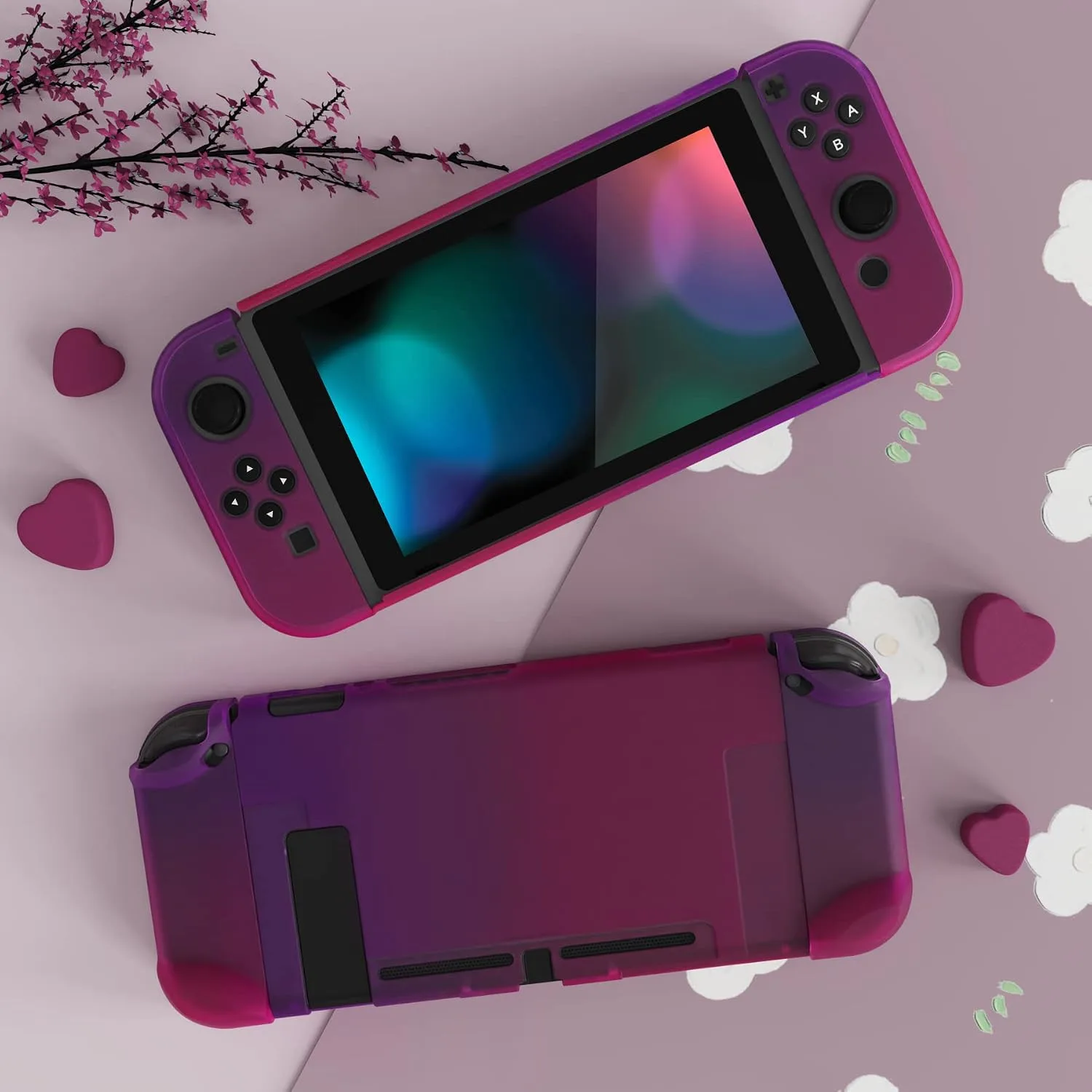 eXtremeRate PlayVital Unique Cover for Nintendo Switch, Protective Case Protector for Switch - Shock-absorbent Anti-Scratch Dockable Durable Hard Shell, Clear Atomic Purple Rose Red (NOT for Switch 2)