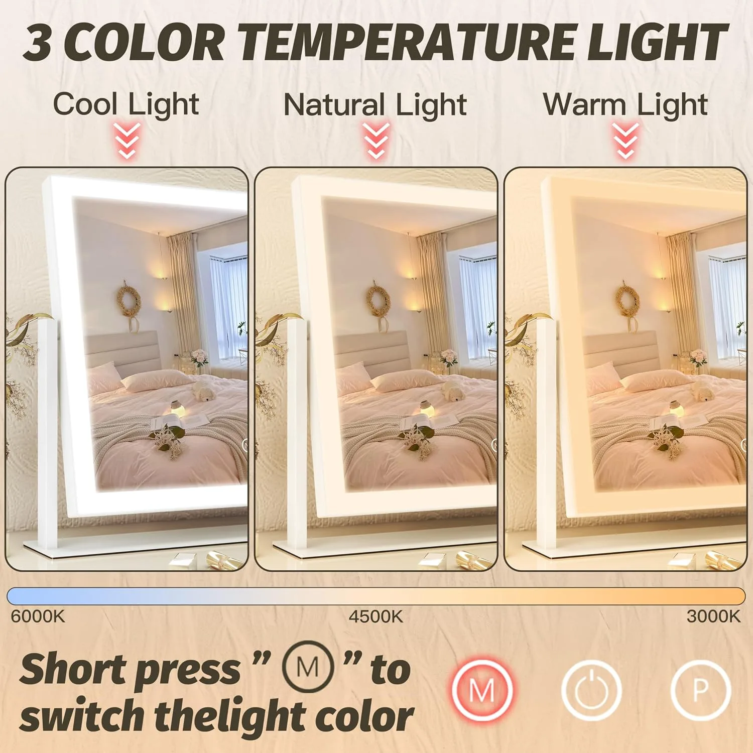 FENNIO Vanity Mirror with Lights 13'' x 17'' Makeup Mirror with Lights,Vanity Mirror Touch Screen with 3-Color Lighting,Dimmable,for Vanity Desk Bedroom White