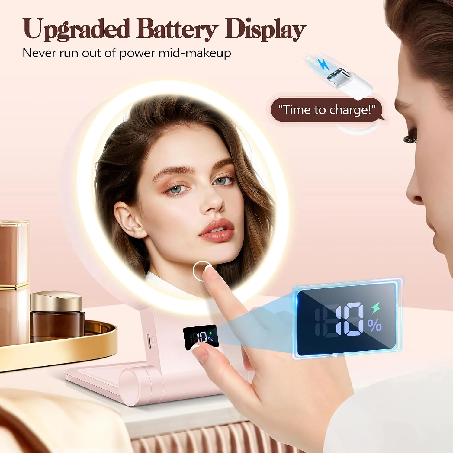 B Beauty Planet Magnifying Mirror with Light 30X, 2000mAh 1X/ 30X Makeup Mirror with Standable Base & Tweezers, 3 Color Modes with Adjustable Brightness& Smart Display, Foldable for Travel Pink
