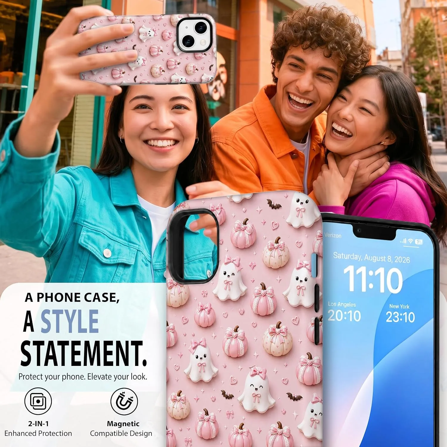 Magnetic for iPhone 13/14 Phone Case, Pastel Pink Ghost Halloween