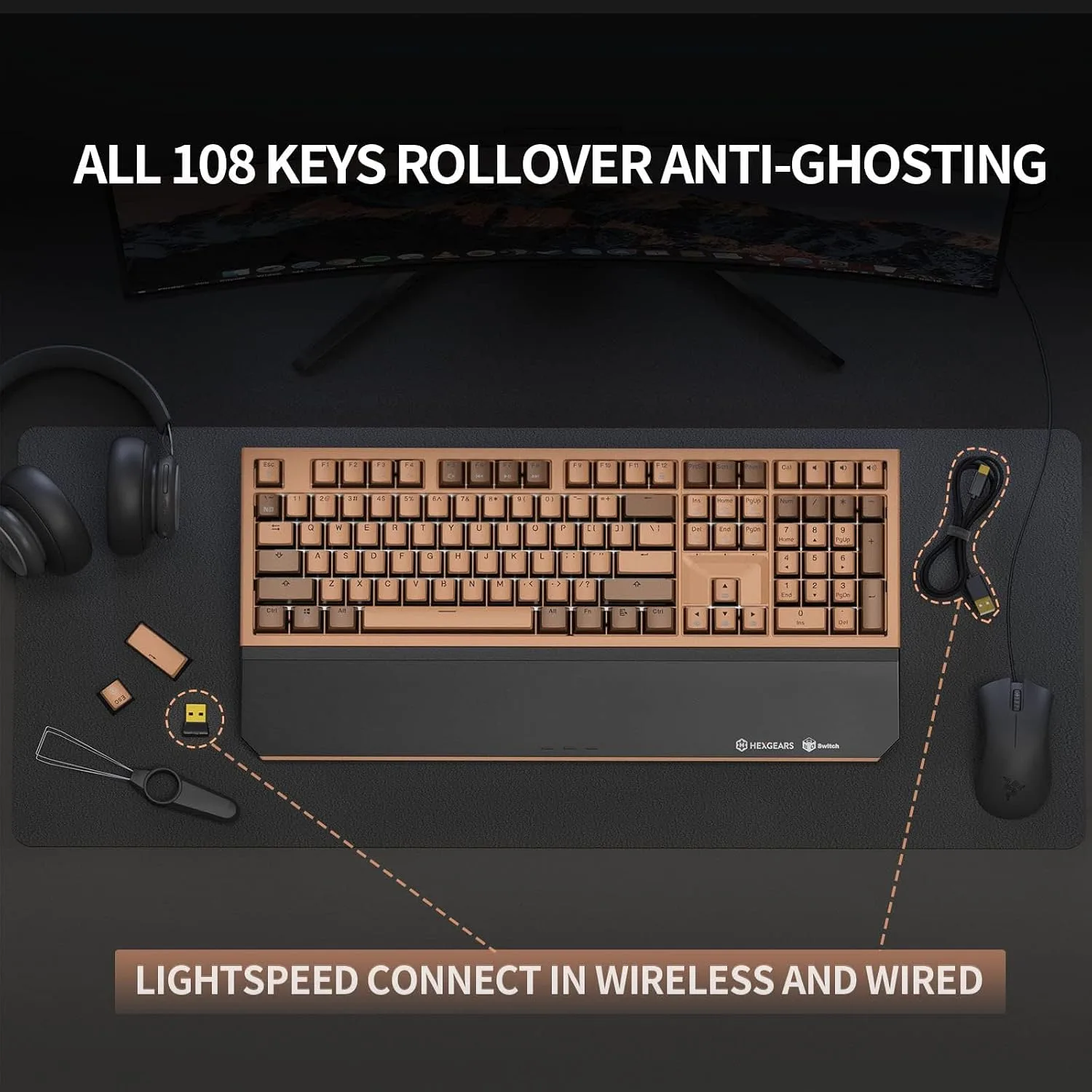Hexgears X5 Wireless Mechanical Keyboard Full Size 108 Keys, Kailh Box 3.0 Linear Switch, Ergonomic, N-Key Rollover, Backlit Gaming Keyboard with Wrist Rest (Coffee)
