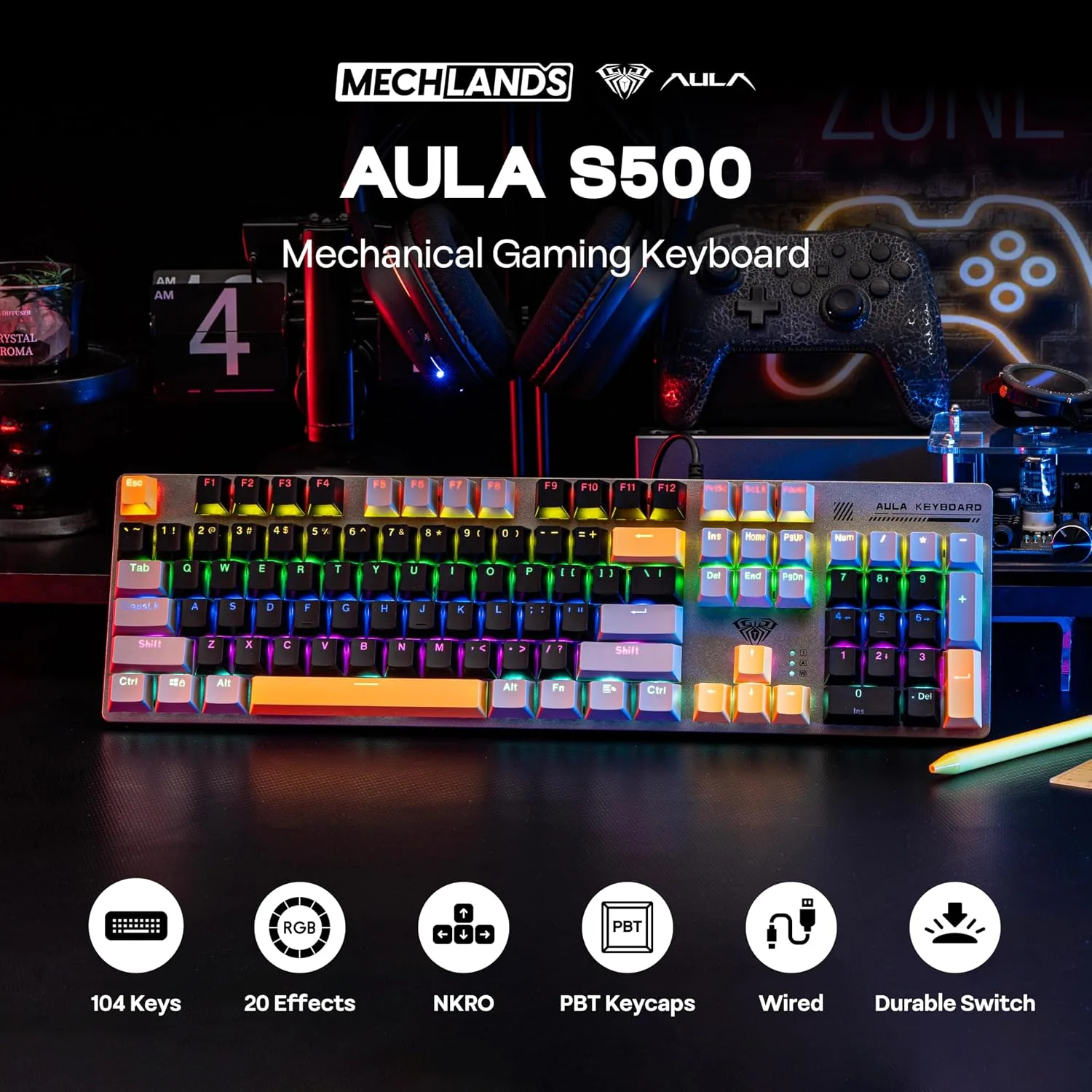 MechLands Aula S500 Wired Gaming Keyboard, 100% Full Size Mechanical Keyboard with Number Pad, 104 Keys, NKRO, RGB Backlits, Shine Through Keycaps, Ergonomic for PC E-Sports (Black&Grey, Blue Switch)